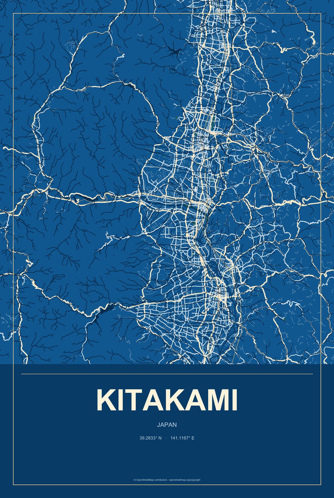 Kitakami, Japan City Map Aluminum Sign in Harbor Cobalt style