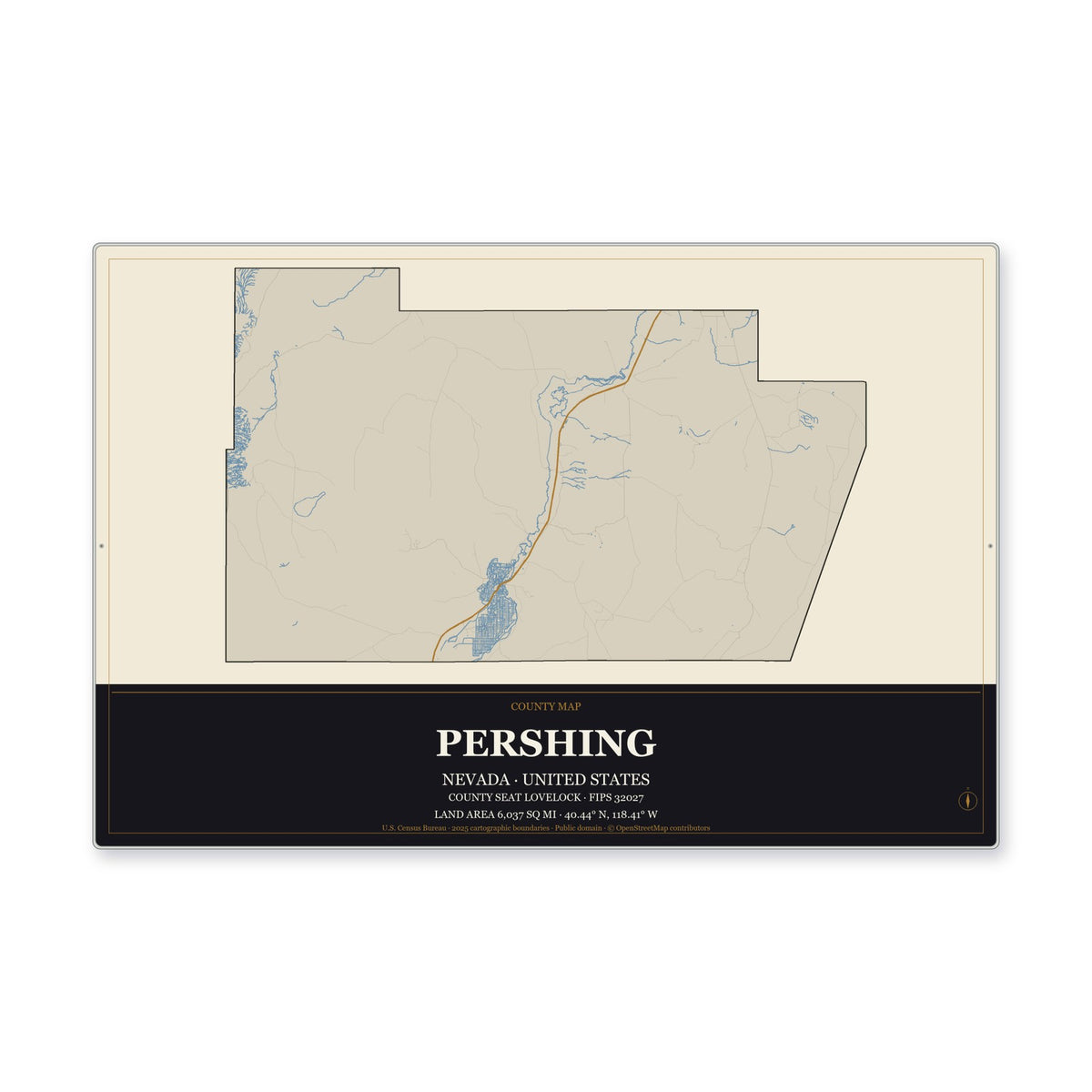 Pershing County, Nevada Map Aluminum Sign in Museum Plaque style