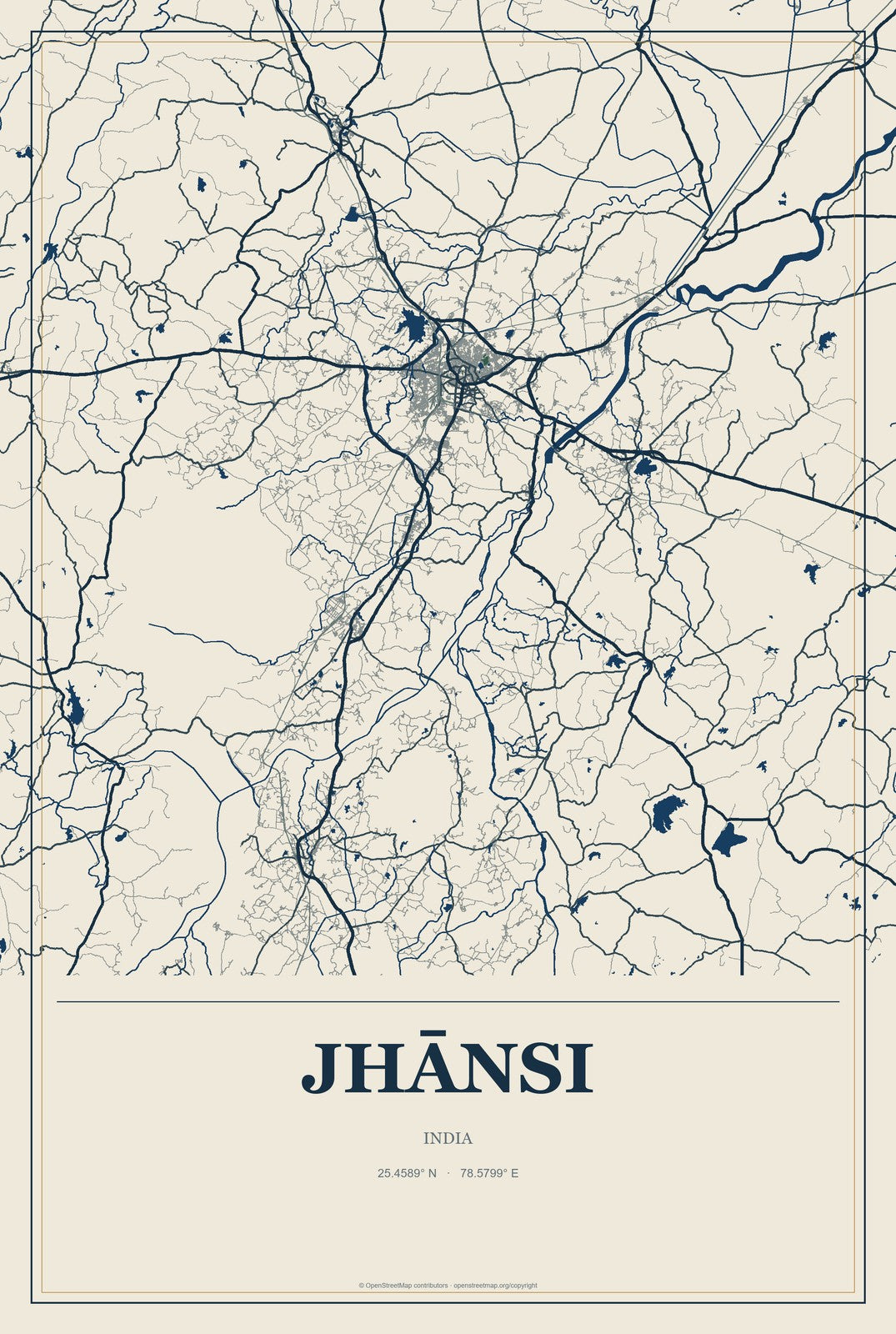 Jhānsi, India City Map Aluminum Sign in Coastal Cutout style