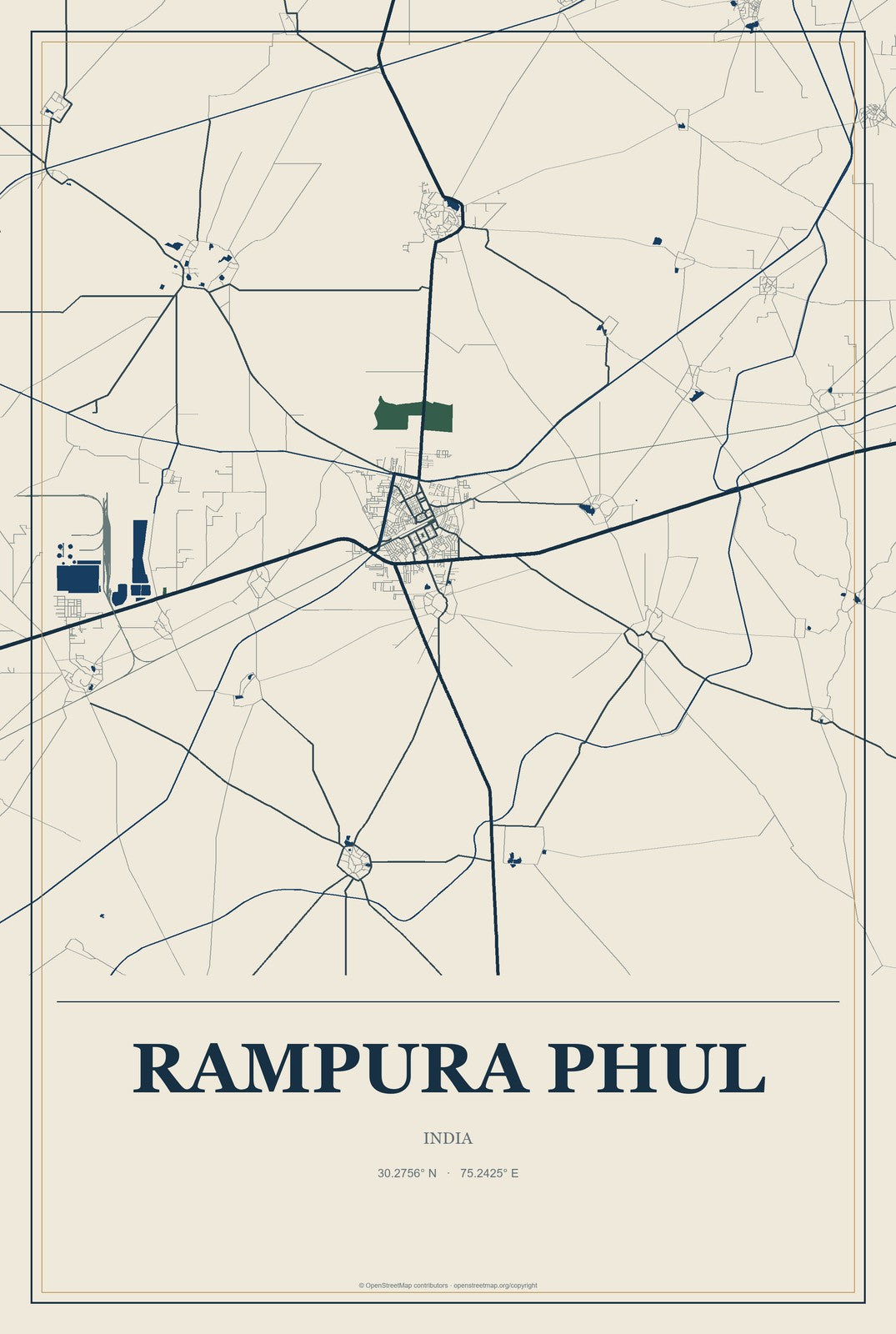 Rampura Phul, India City Map Aluminum Sign in Coastal Cutout style