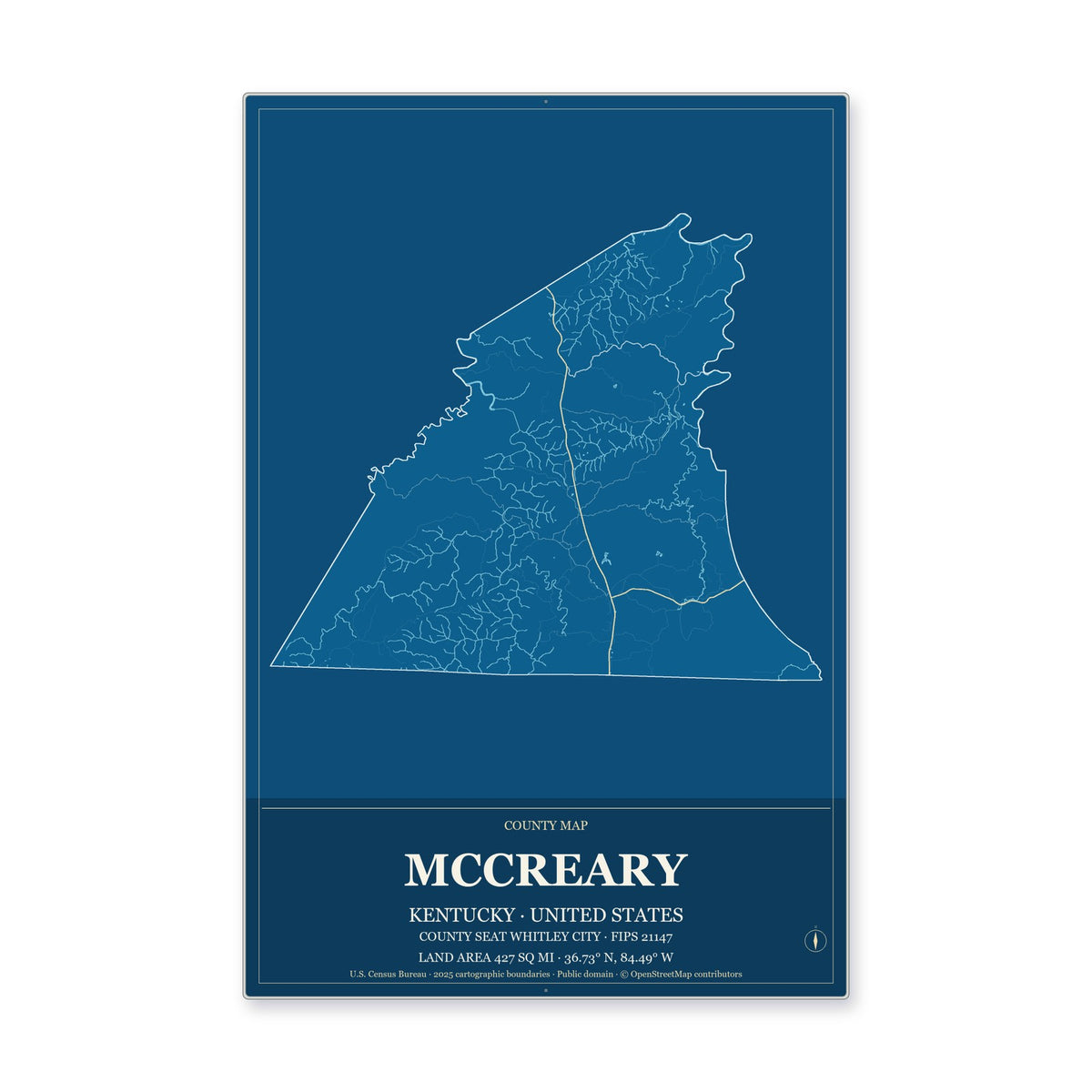 McCreary County, Kentucky Map Aluminum Sign in Harbor Cobalt style