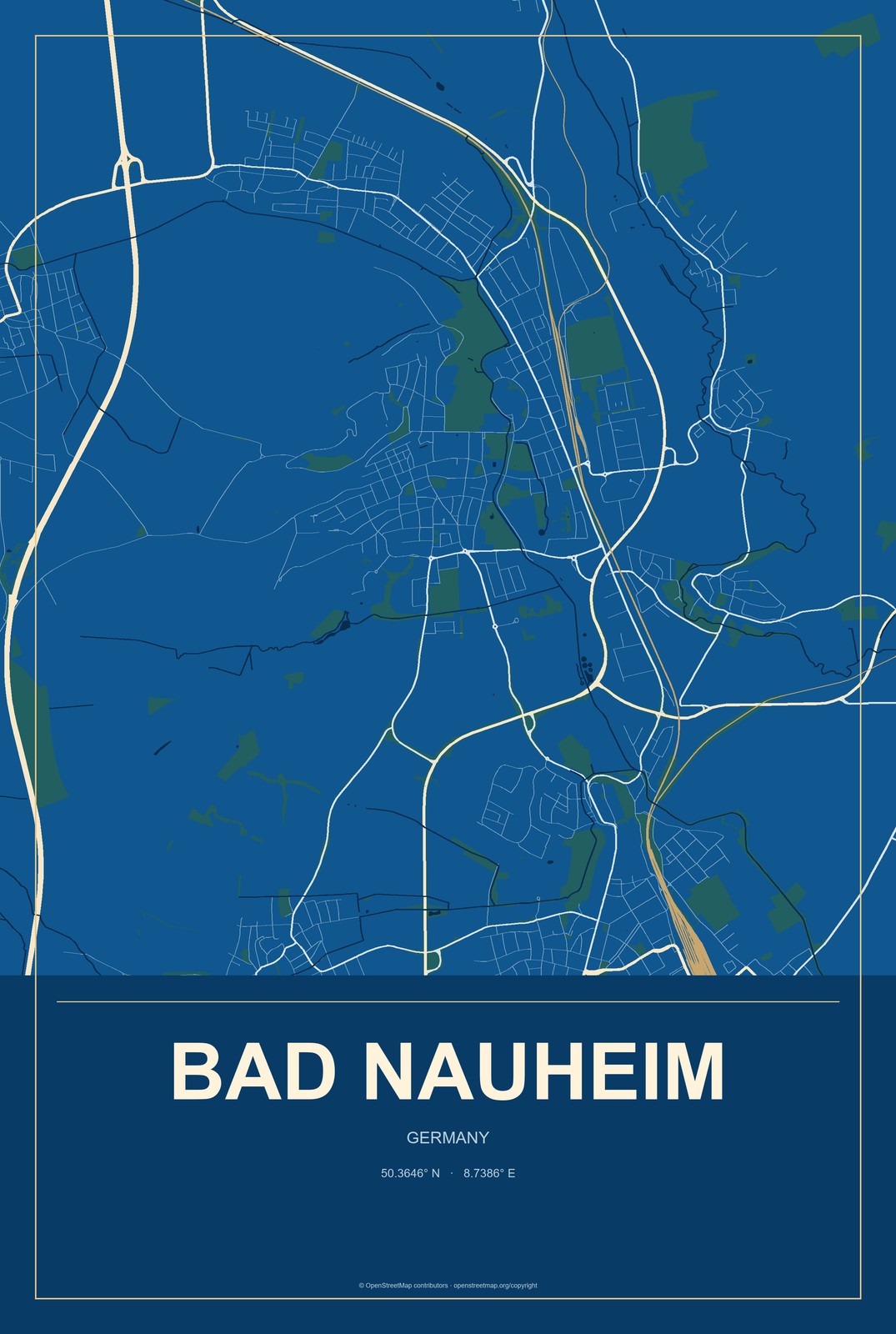 Bad Nauheim, Germany City Map Aluminum Sign in Harbor Cobalt style