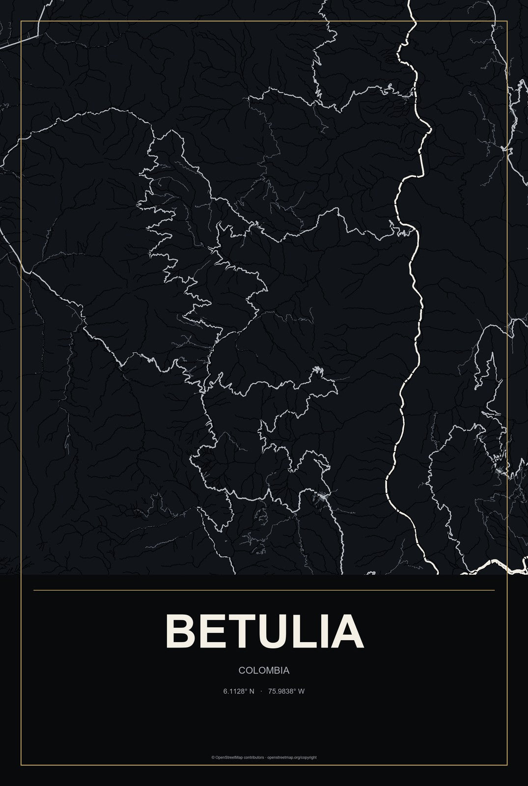 Betulia, Colombia City Map Aluminum Sign in Metropolitan Noir style