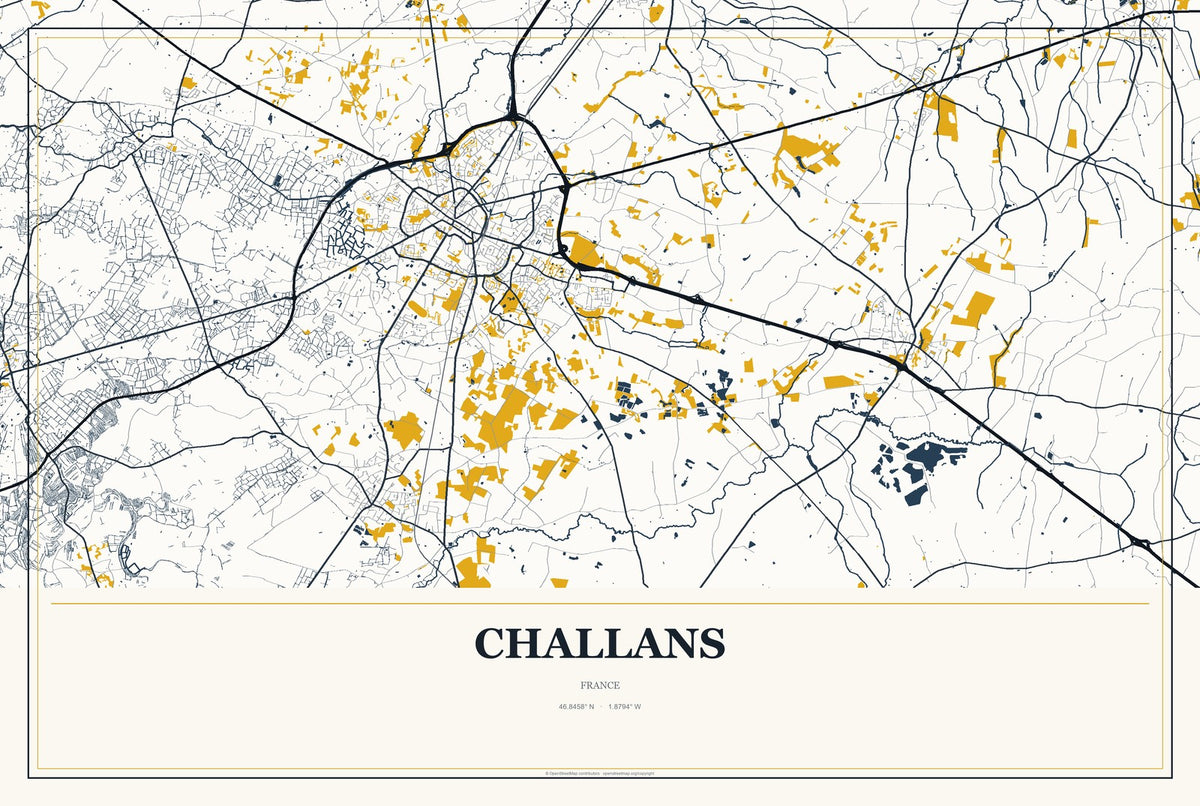 Challans, France City Map Aluminum Sign in Citrine Modern style