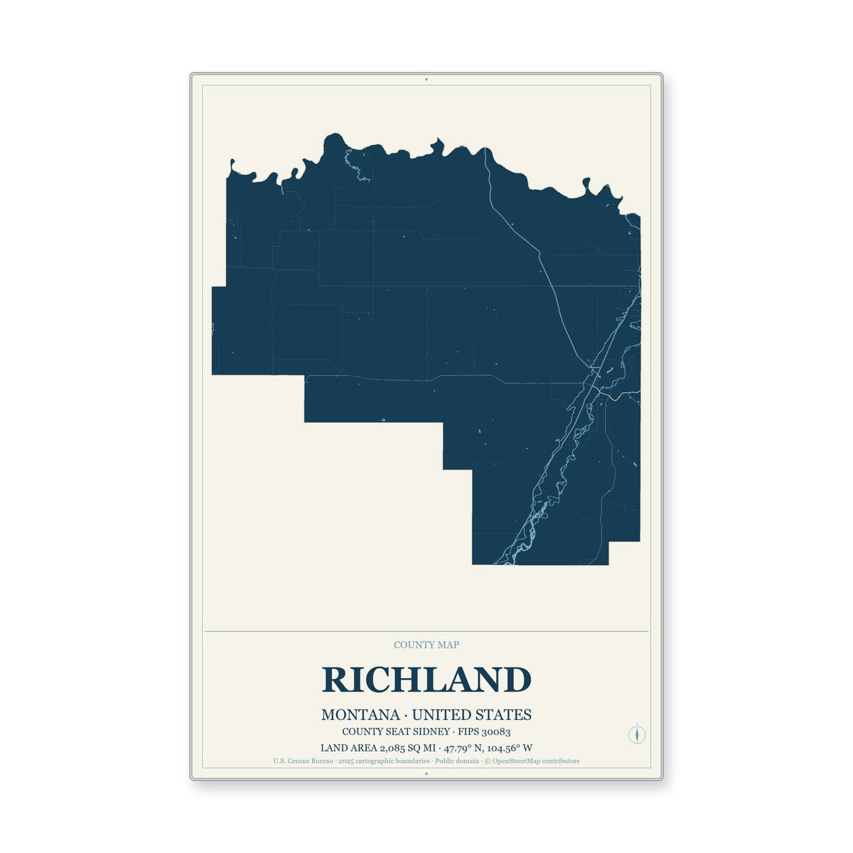 Richland County, Montana Map Aluminum Sign in Coastal Cutout style