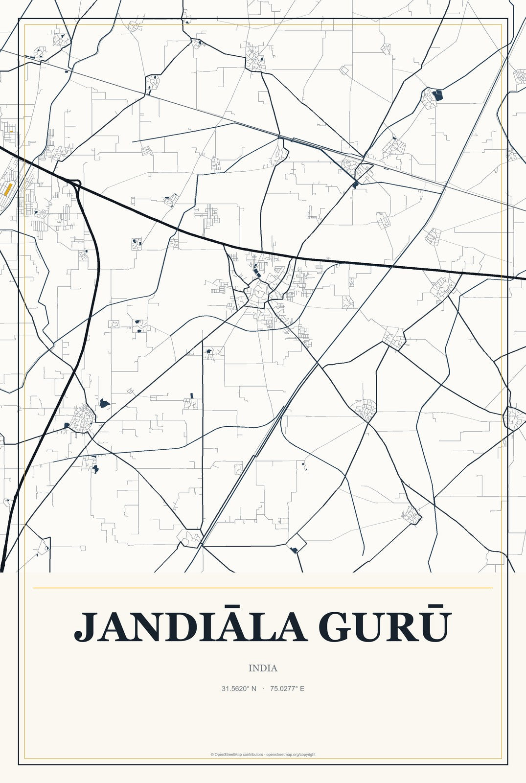 Jandiāla Gurū, India City Map Aluminum Sign in Citrine Modern style