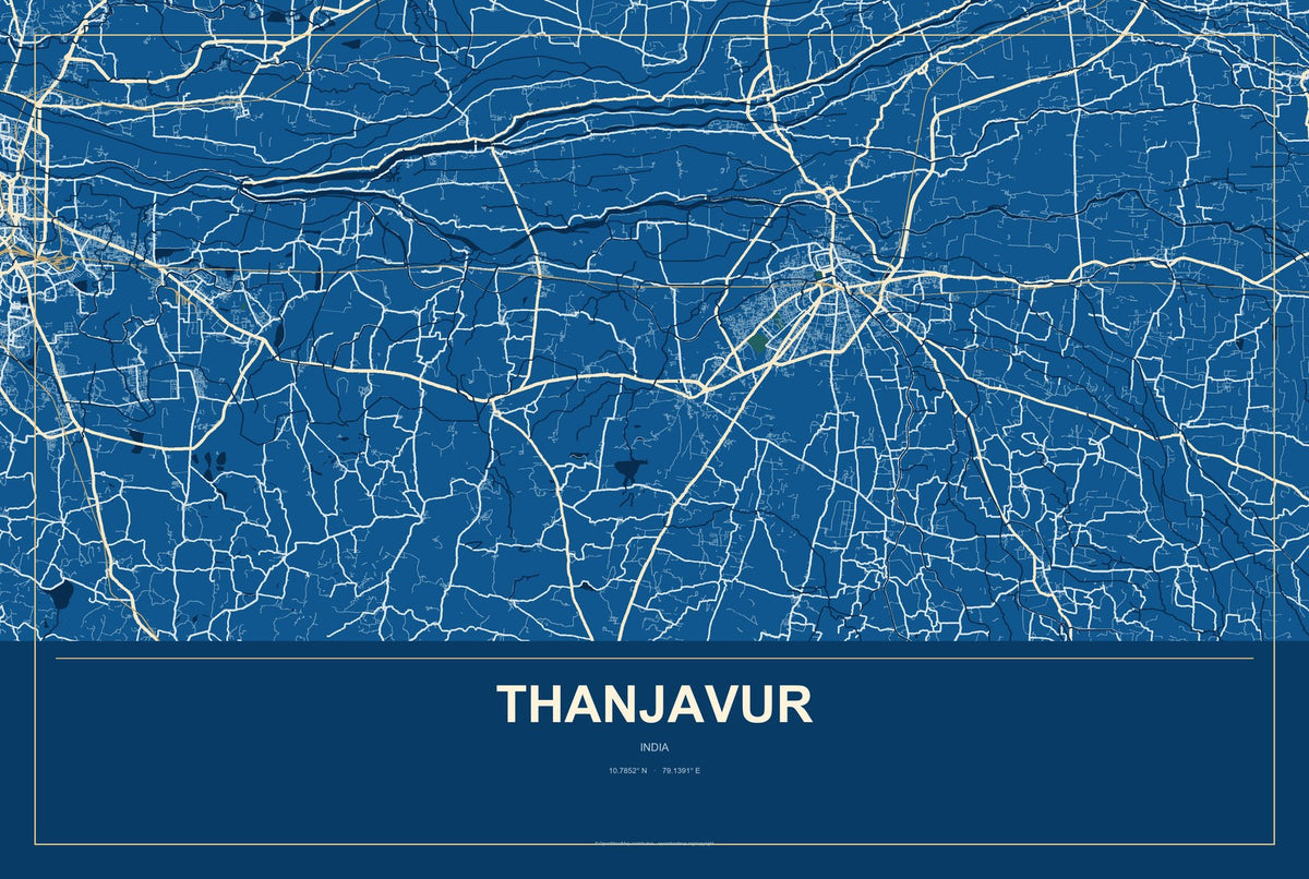 Thanjavur, India City Map Aluminum Sign in Harbor Cobalt style