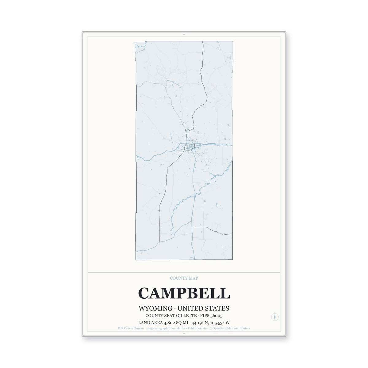 Campbell County, Wyoming Map Aluminum Sign in Gallery Air style