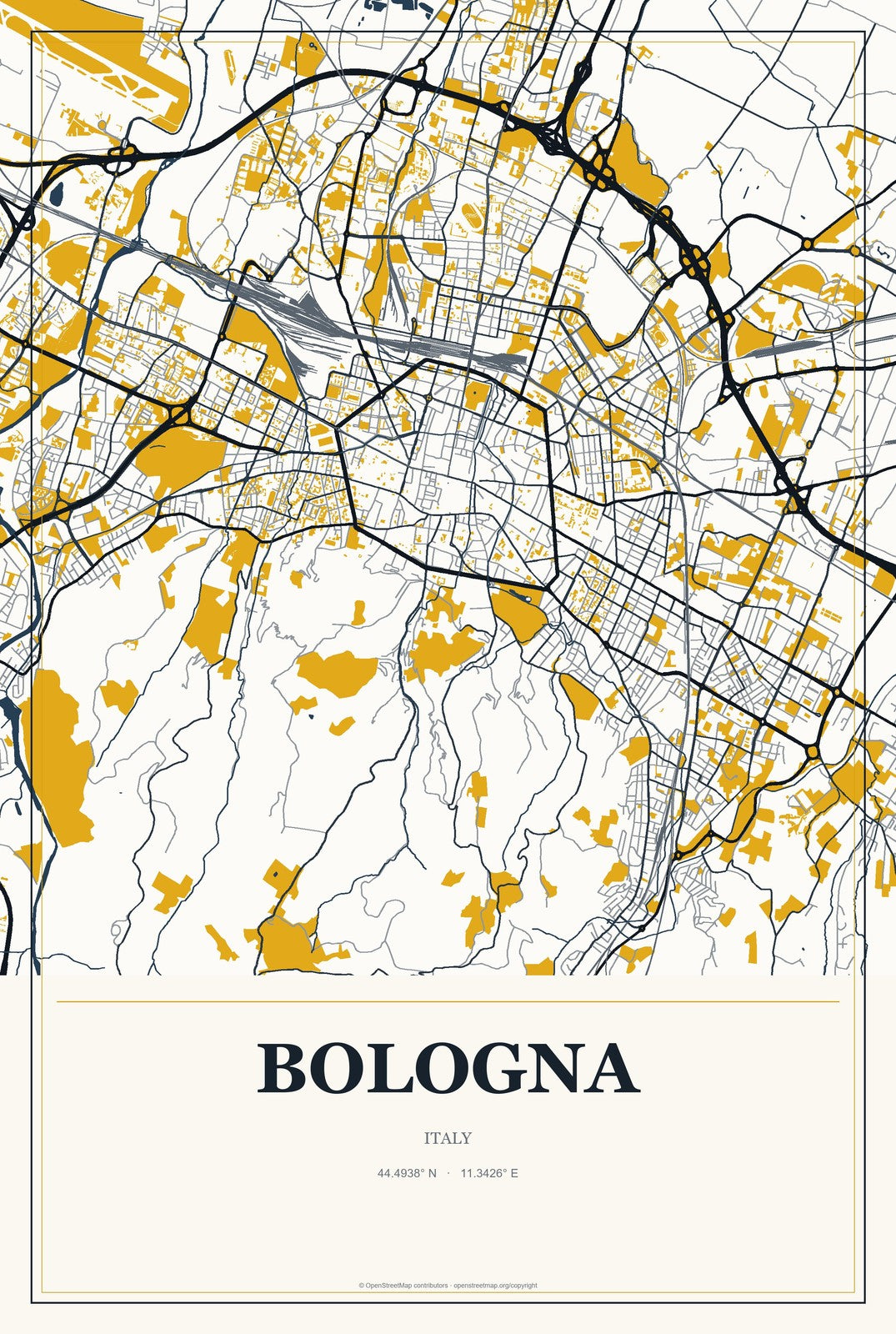 Bologna, Italy City Map Aluminum Sign in Citrine Modern style