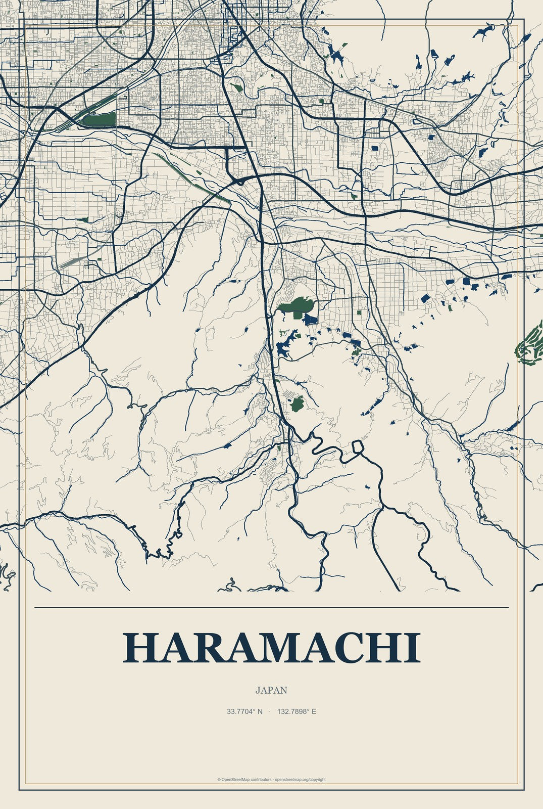 Haramachi, Japan City Map Aluminum Sign in Coastal Cutout style