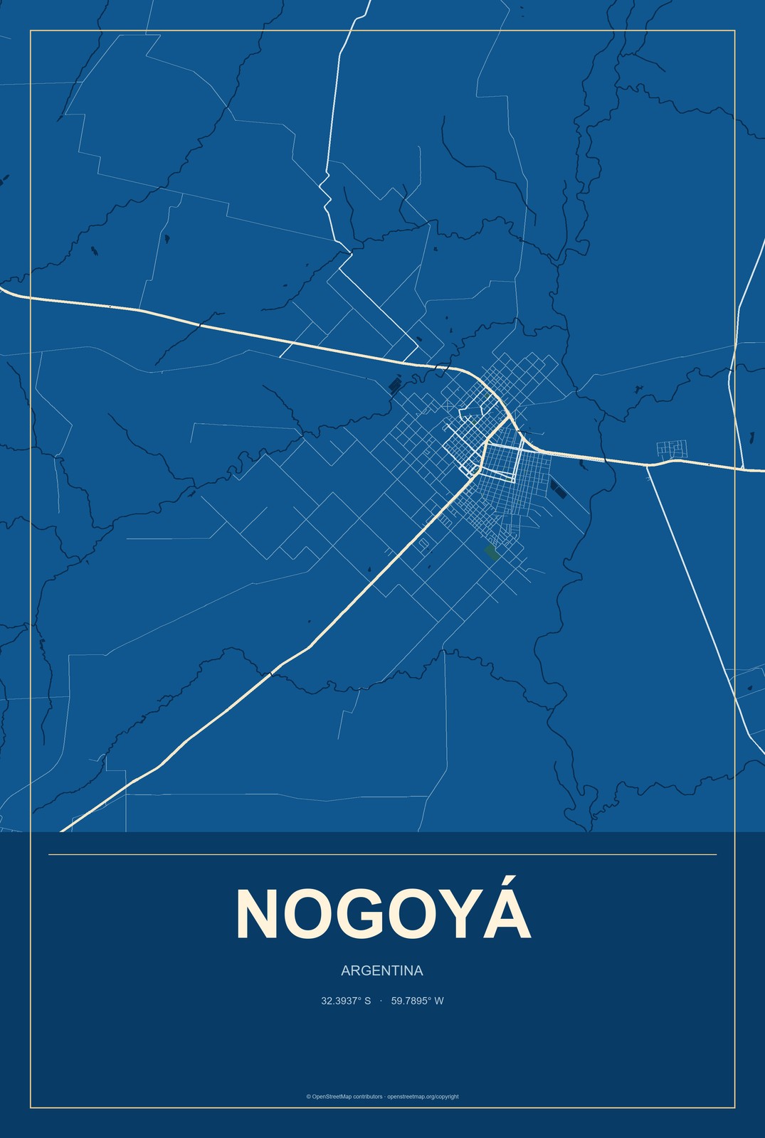 Nogoyá, Argentina City Map Aluminum Sign in Harbor Cobalt style