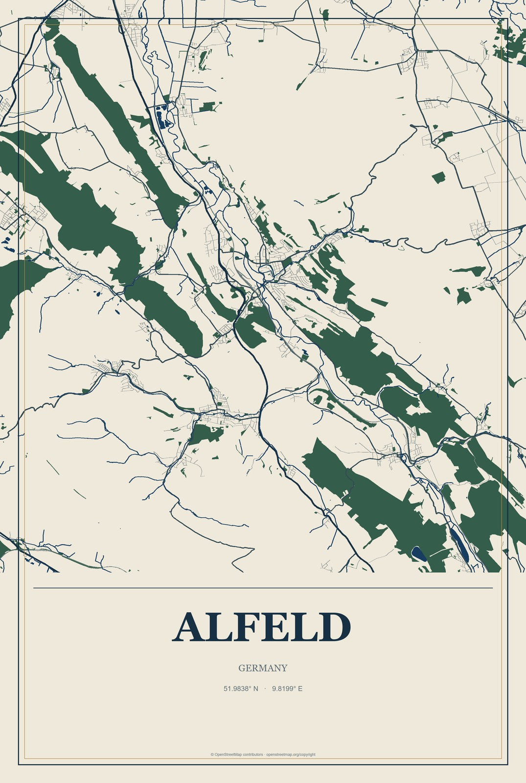 Alfeld, Germany City Map Aluminum Sign in Coastal Cutout style