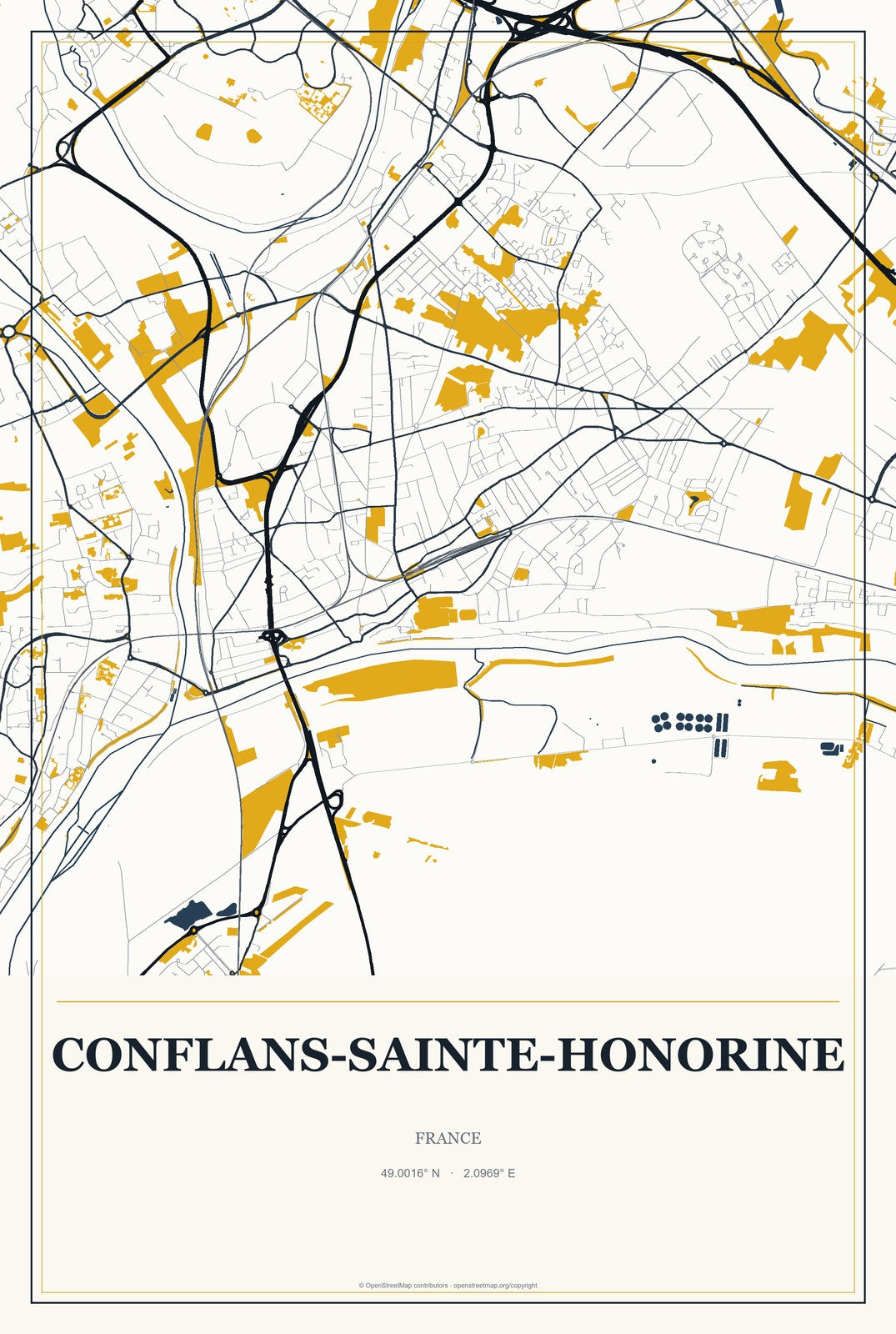 Conflans-Sainte-Honorine, France City Map Aluminum Sign in Citrine Modern style
