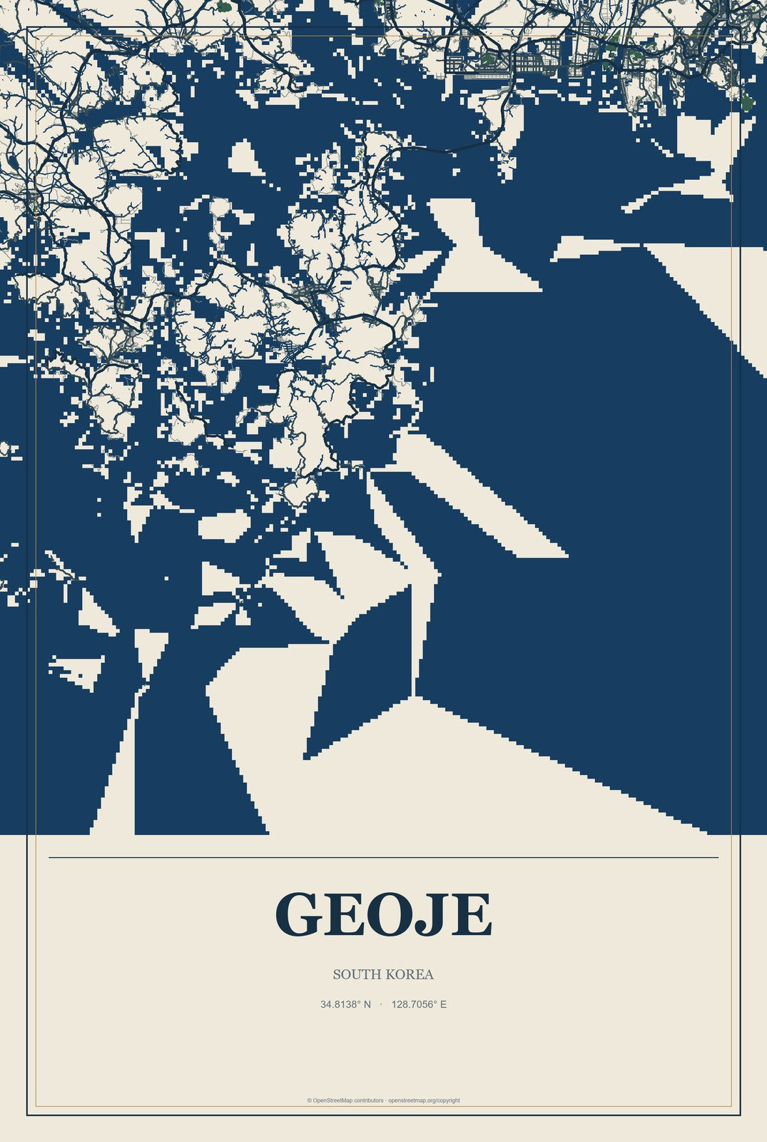 Geoje, South Korea City Map Aluminum Sign in Coastal Cutout style