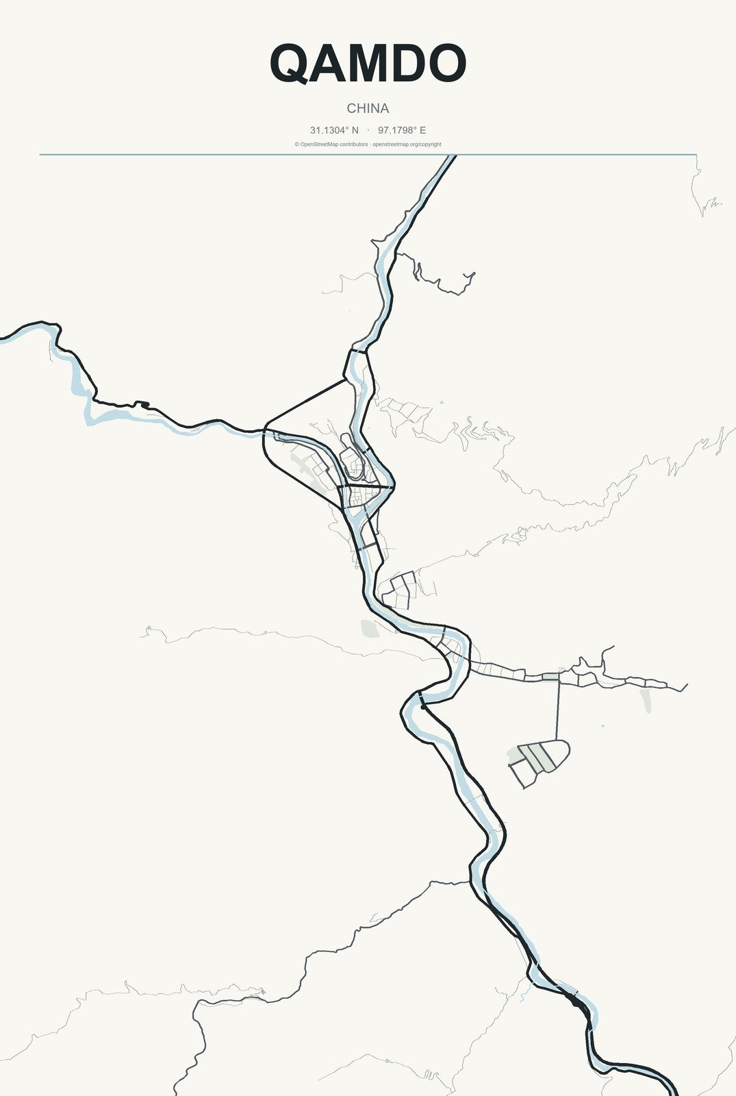 Qamdo, China City Map Aluminum Sign in Headline Atlas style