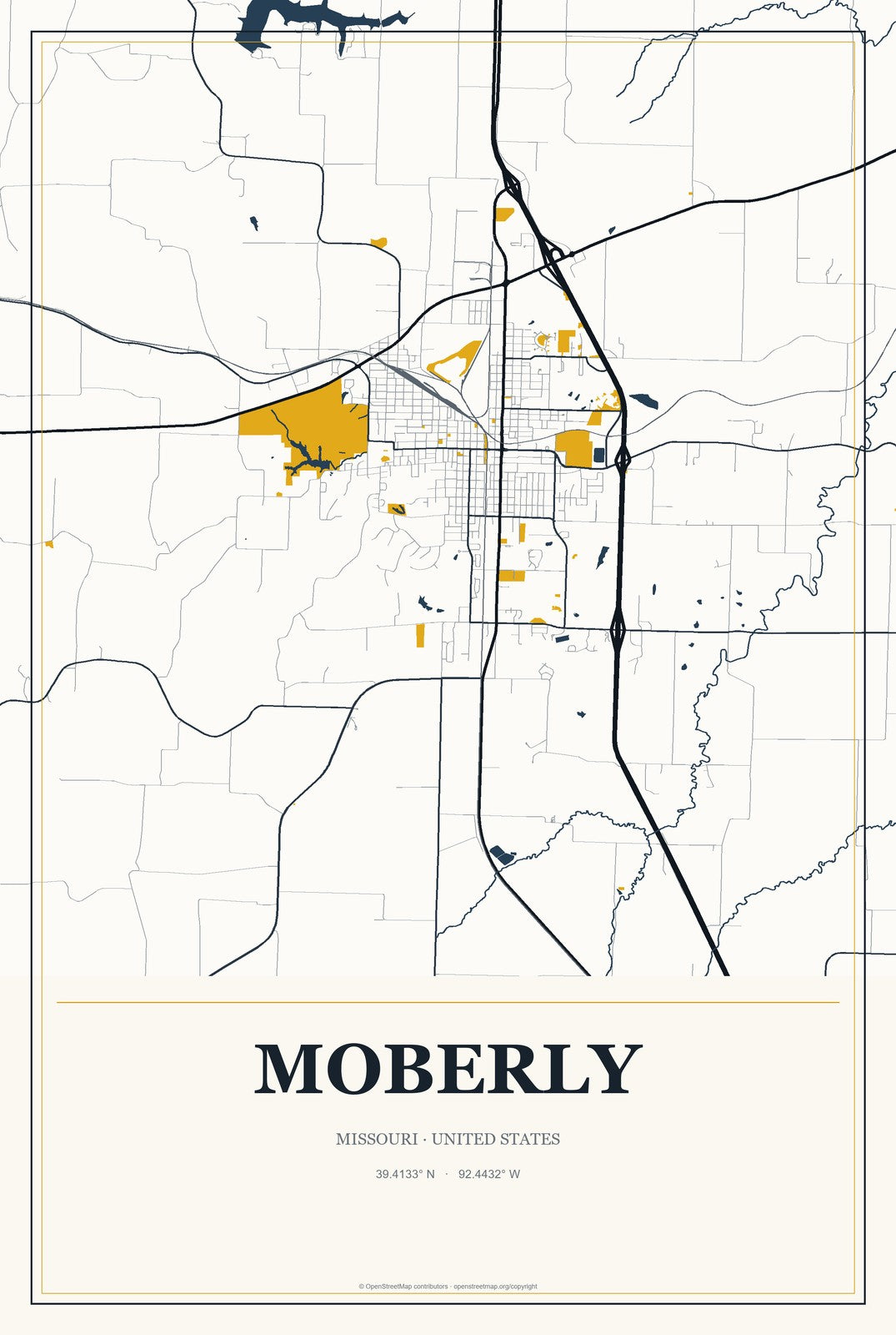 Moberly, Missouri City Map Aluminum Sign in Citrine Modern style