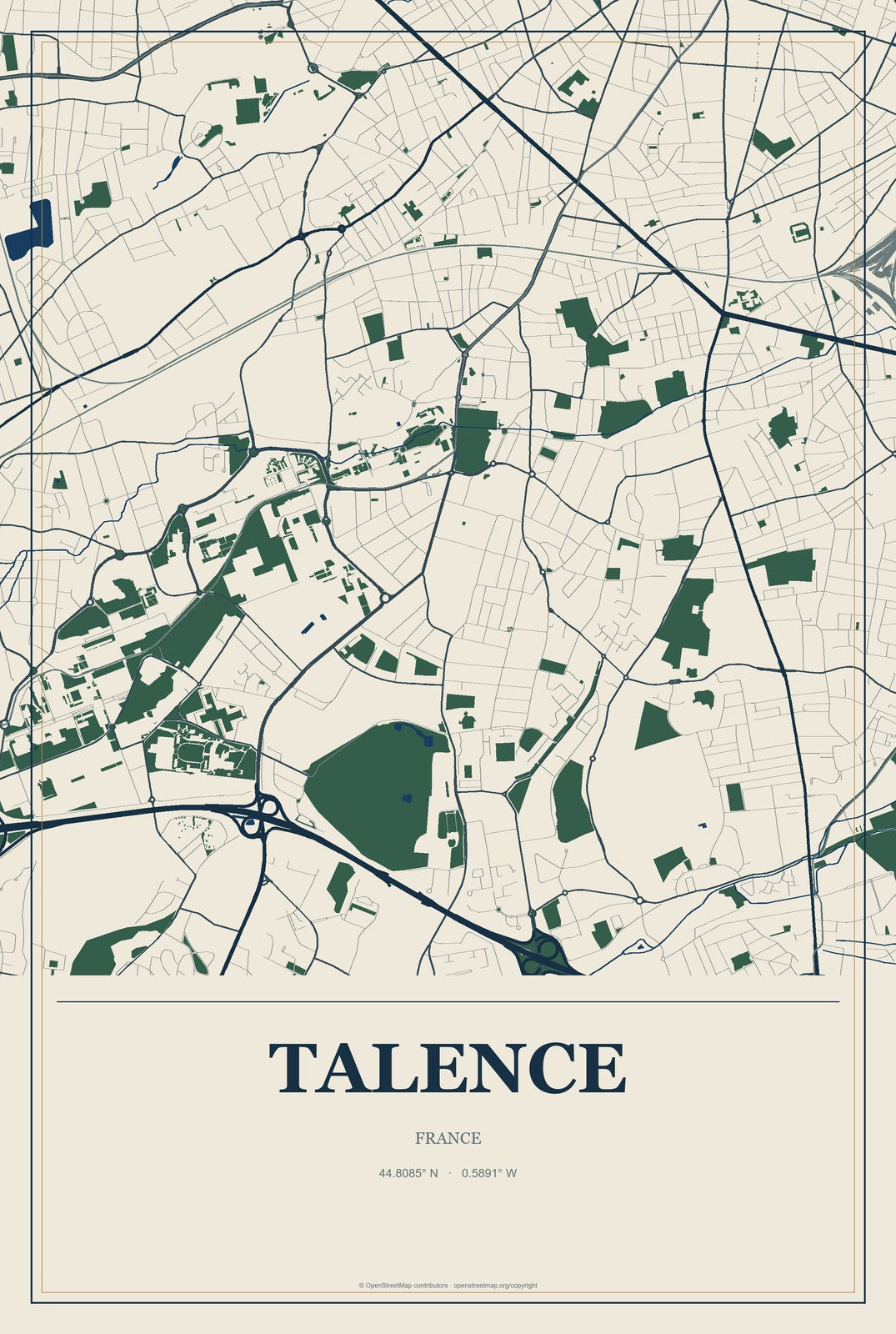 Talence, France City Map Aluminum Sign in Coastal Cutout style