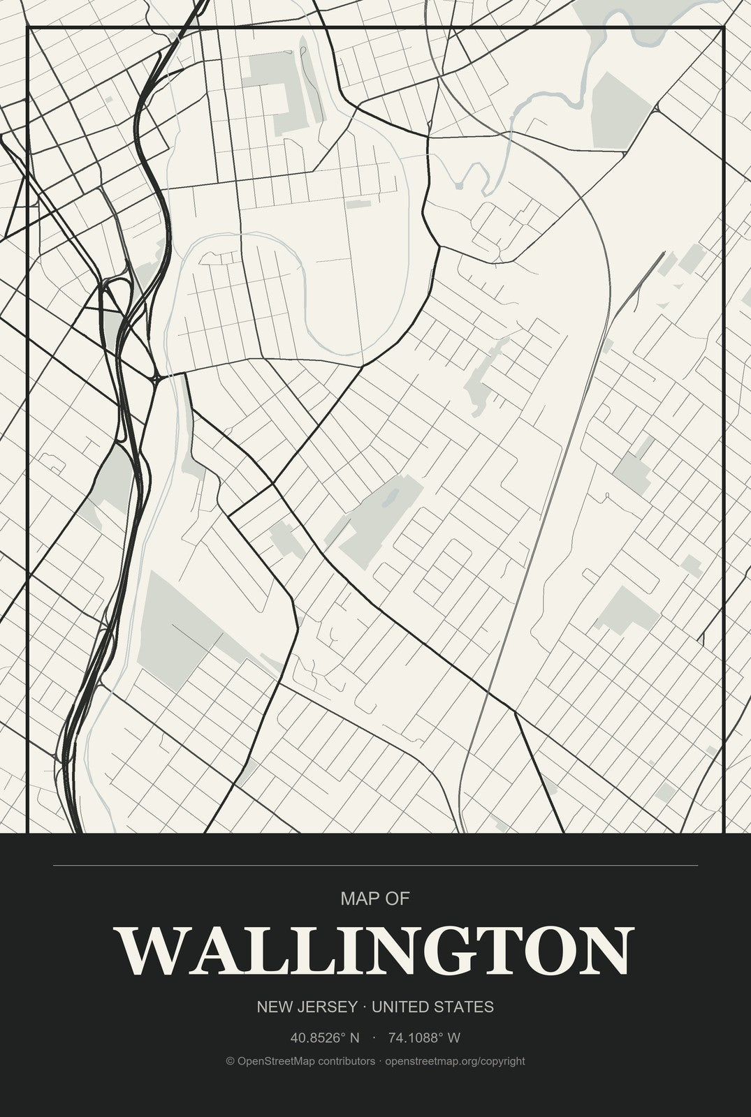 Wallington, New Jersey City Map Aluminum Sign in Museum Plaque style