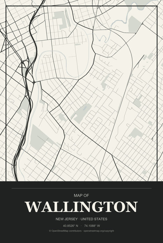 Wallington, New Jersey City Map Aluminum Sign in Museum Plaque style