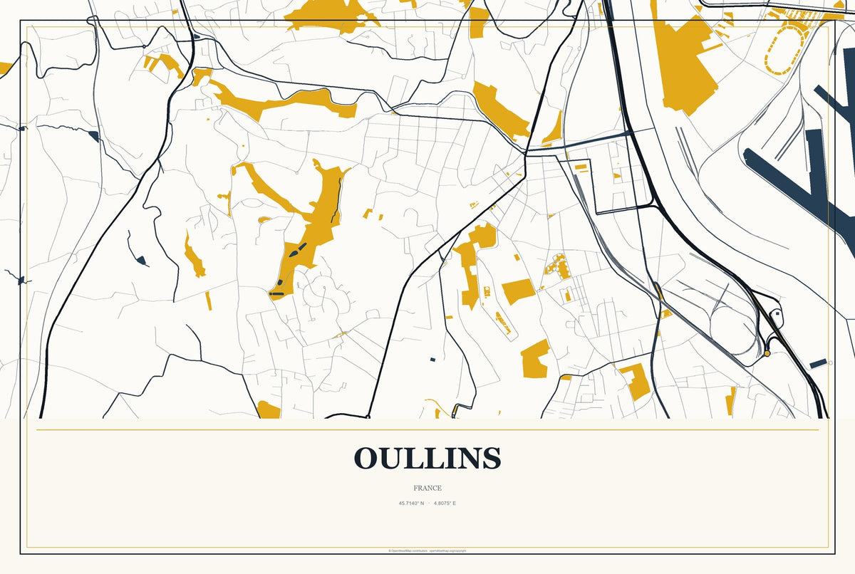 Oullins, France City Map Aluminum Sign in Citrine Modern style