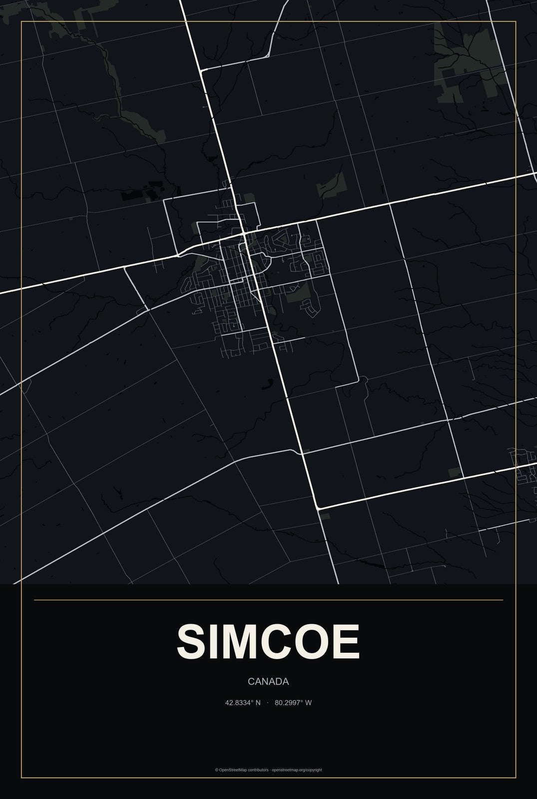 Simcoe, Canada City Map Aluminum Sign in Metropolitan Noir style