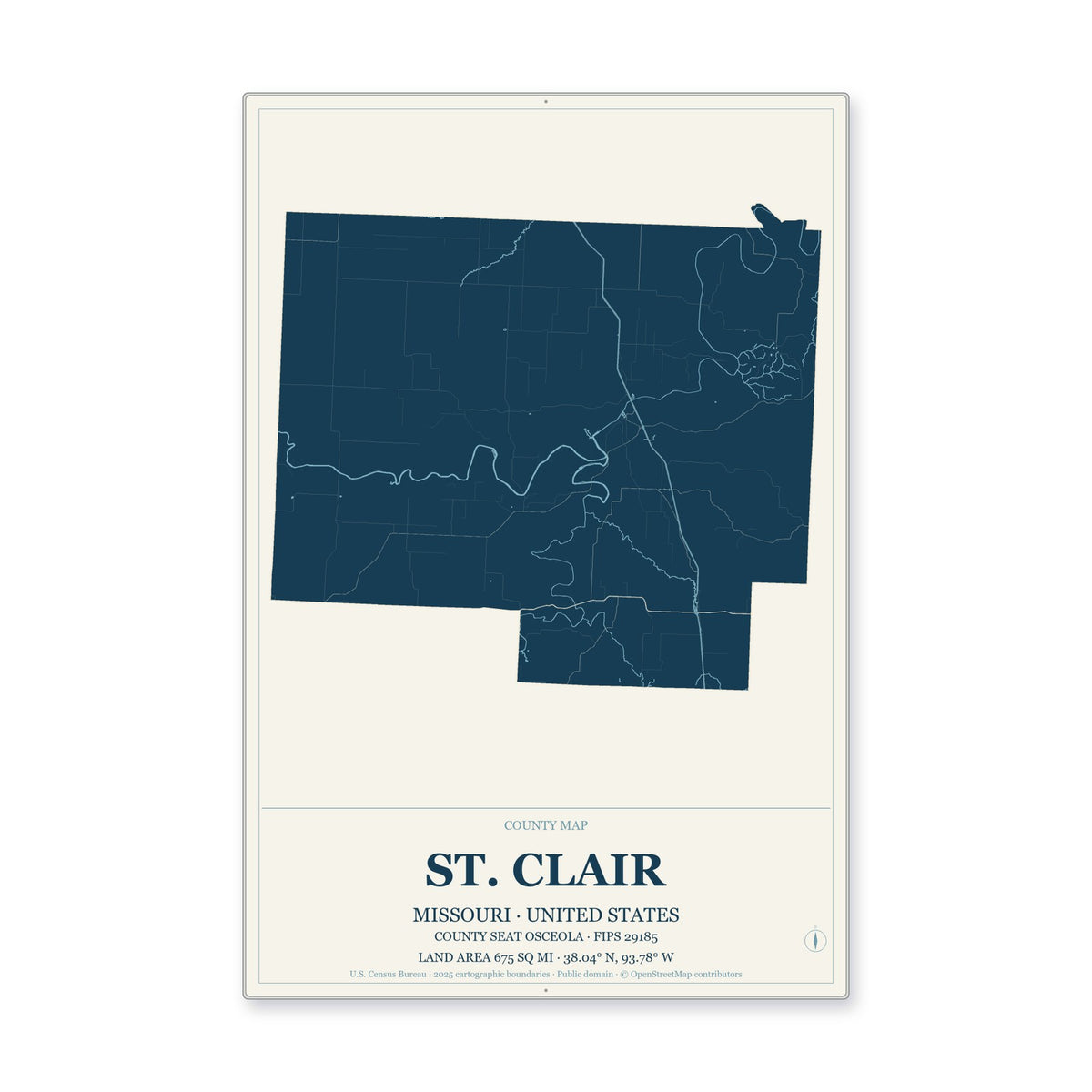 St. Clair County, Missouri Map Aluminum Sign in Coastal Cutout style