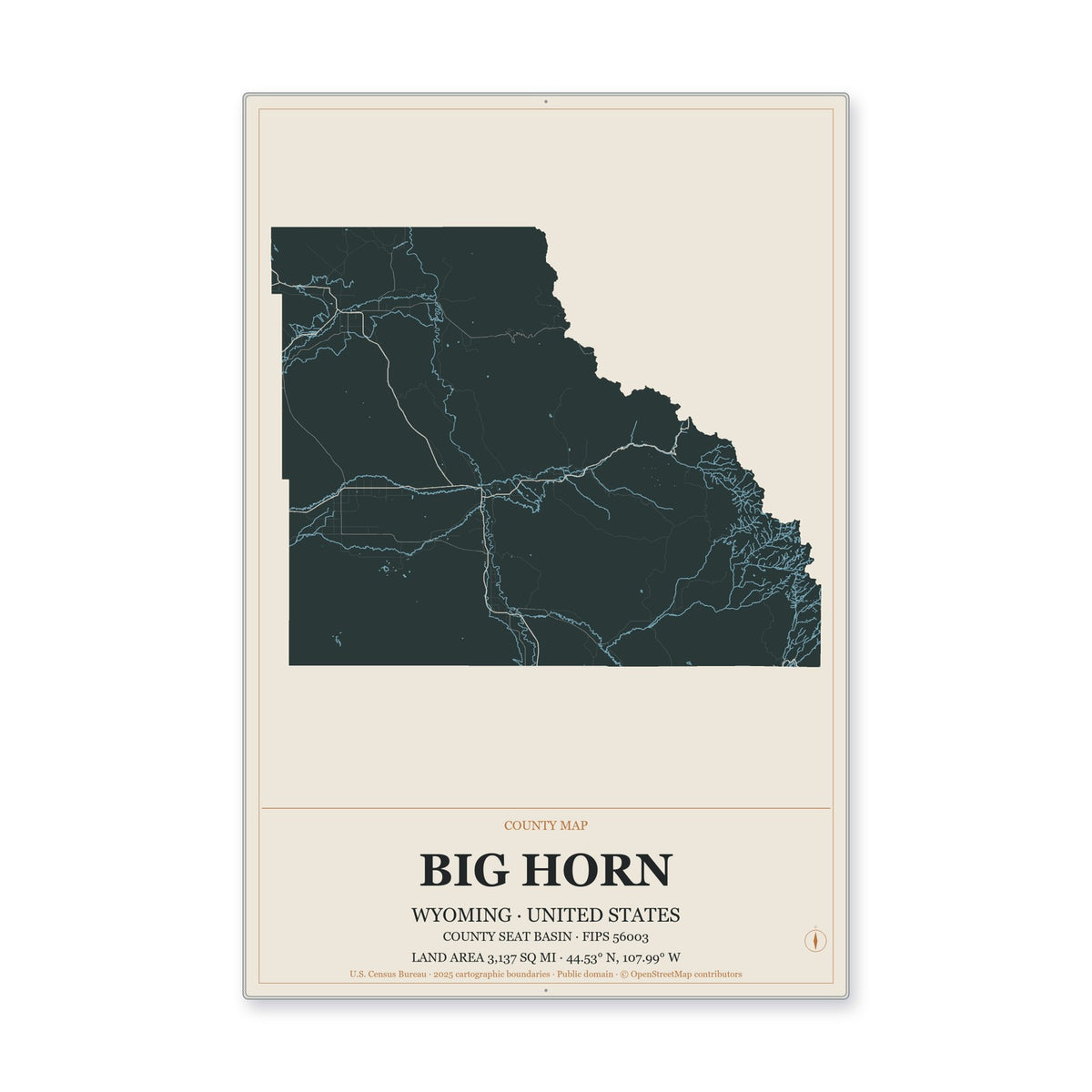 Big Horn County, Wyoming Map Aluminum Sign in Headline Atlas style
