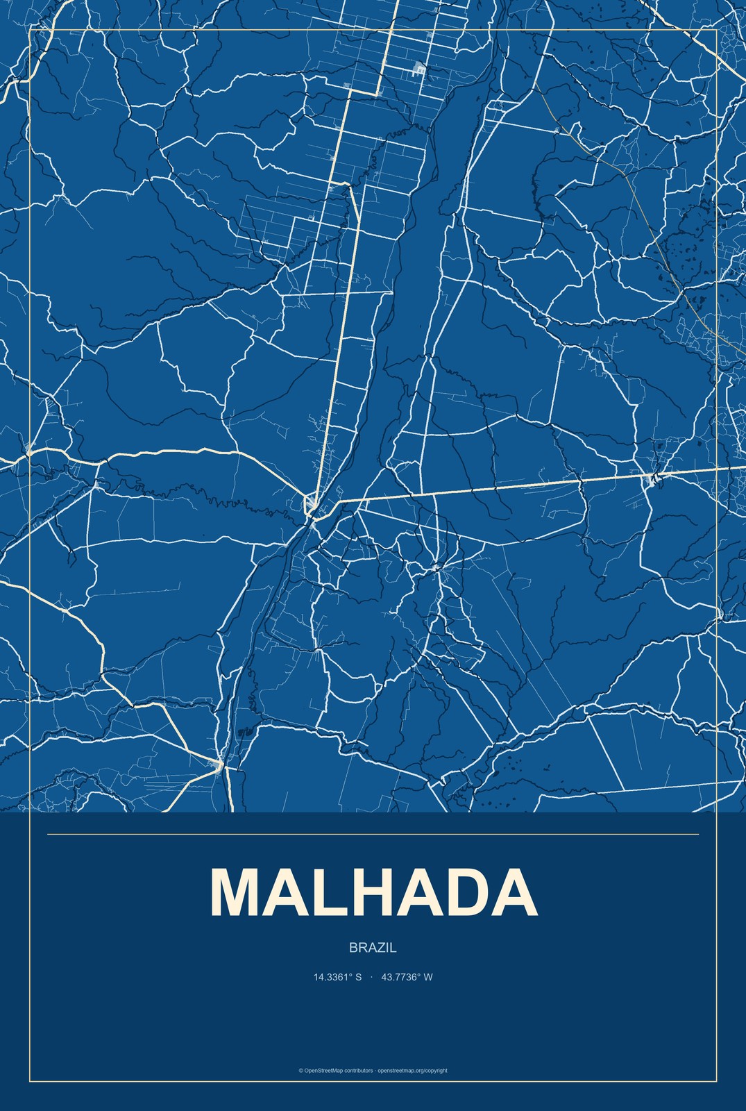 Malhada, Brazil City Map Aluminum Sign in Harbor Cobalt style