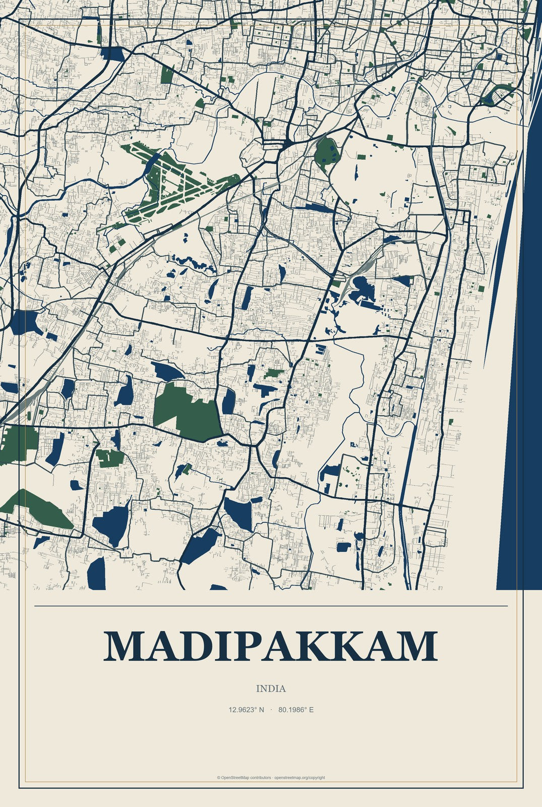 Madipakkam, India City Map Aluminum Sign in Coastal Cutout style