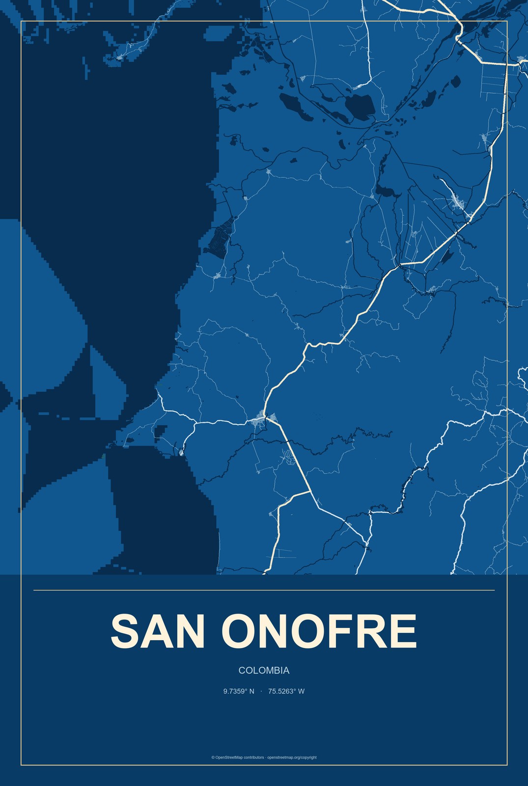 San Onofre, Colombia City Map Aluminum Sign in Harbor Cobalt style