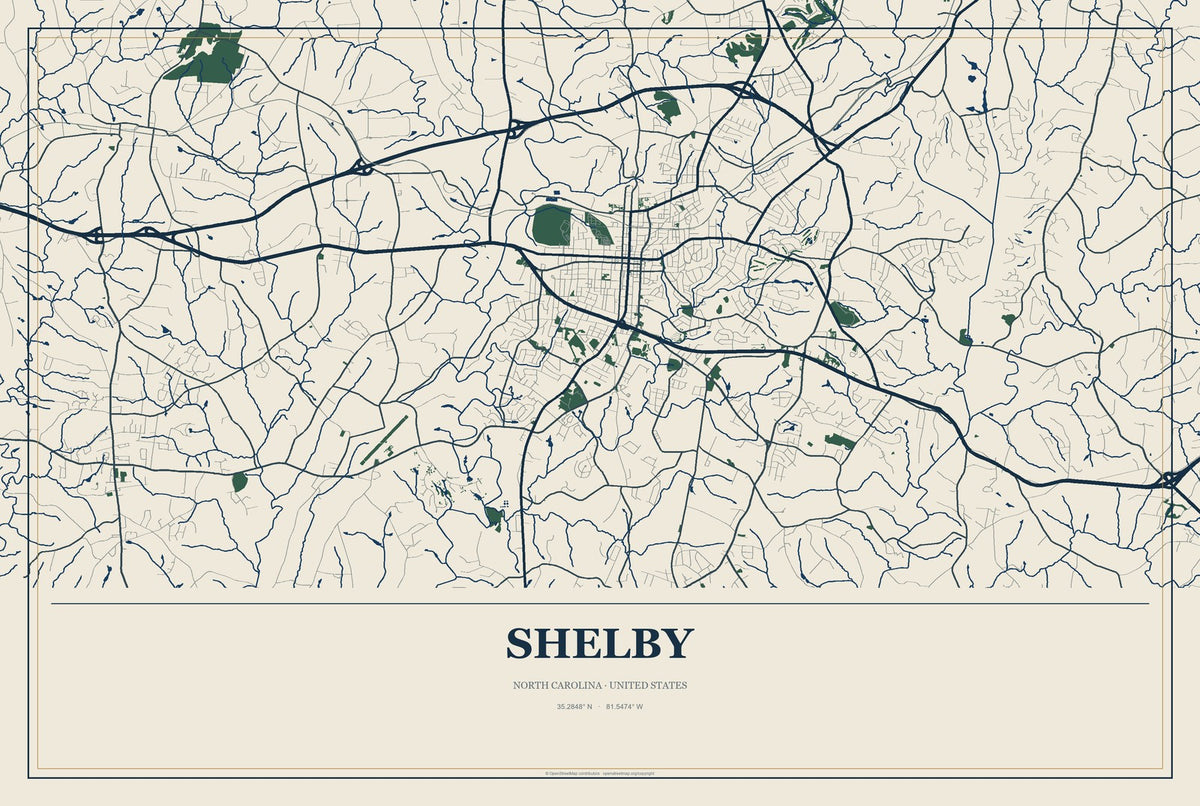 Shelby, North Carolina City Map Aluminum Sign in Coastal Cutout style