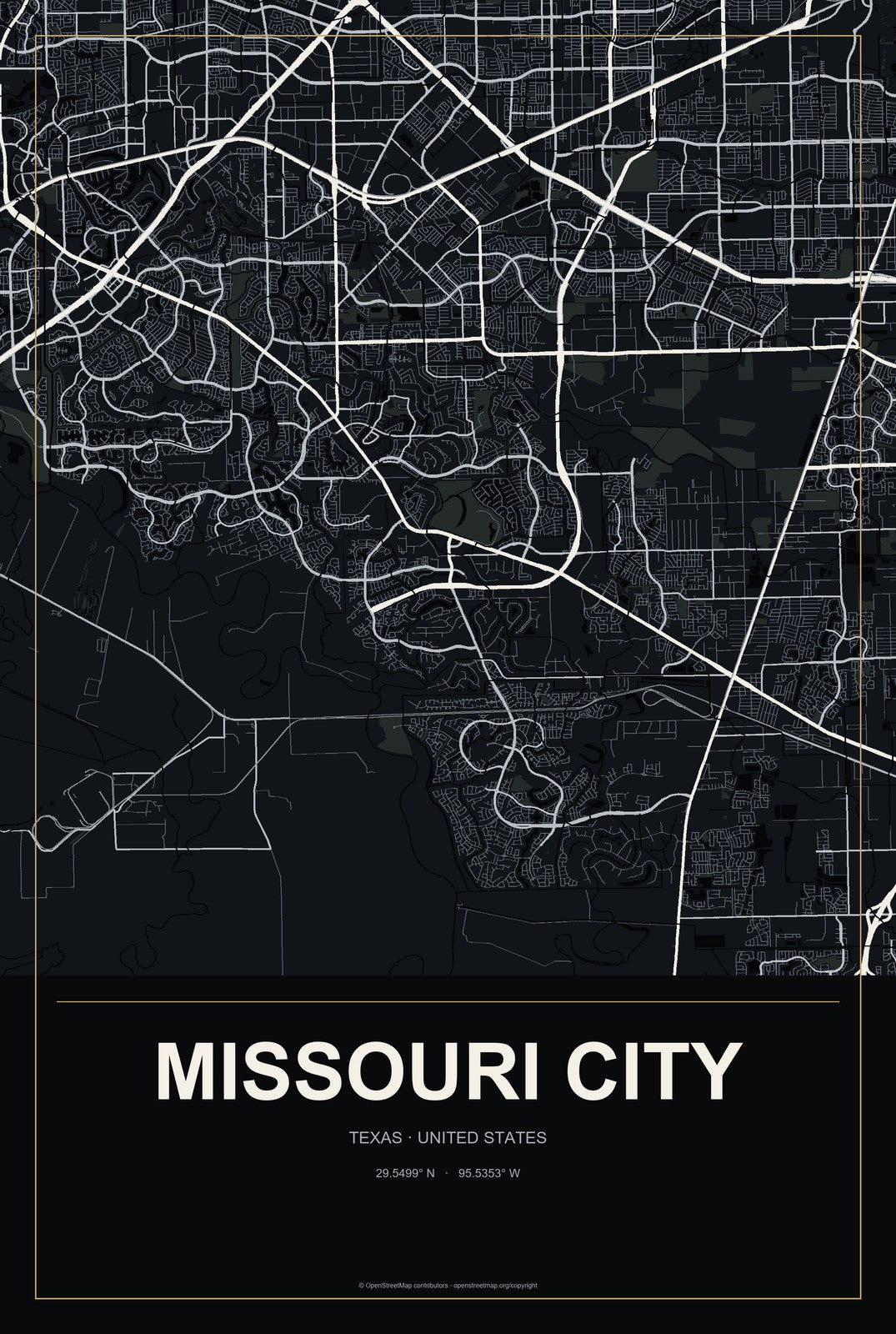 Missouri City, Texas City Map Aluminum Sign in Metropolitan Noir style