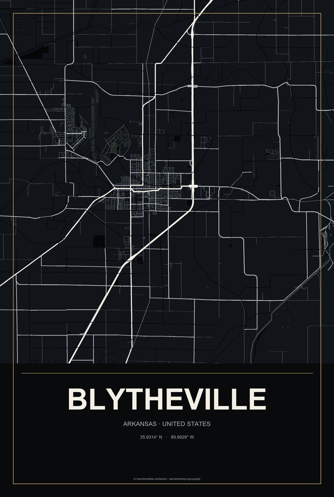 Blytheville, Arkansas City Map Aluminum Sign in Metropolitan Noir style