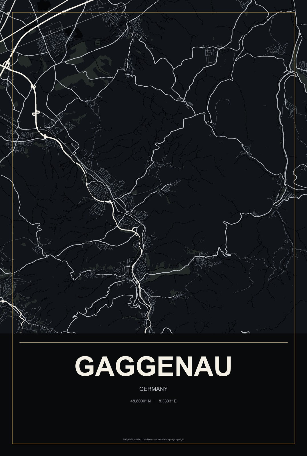 Gaggenau, Germany City Map Aluminum Sign in Metropolitan Noir style