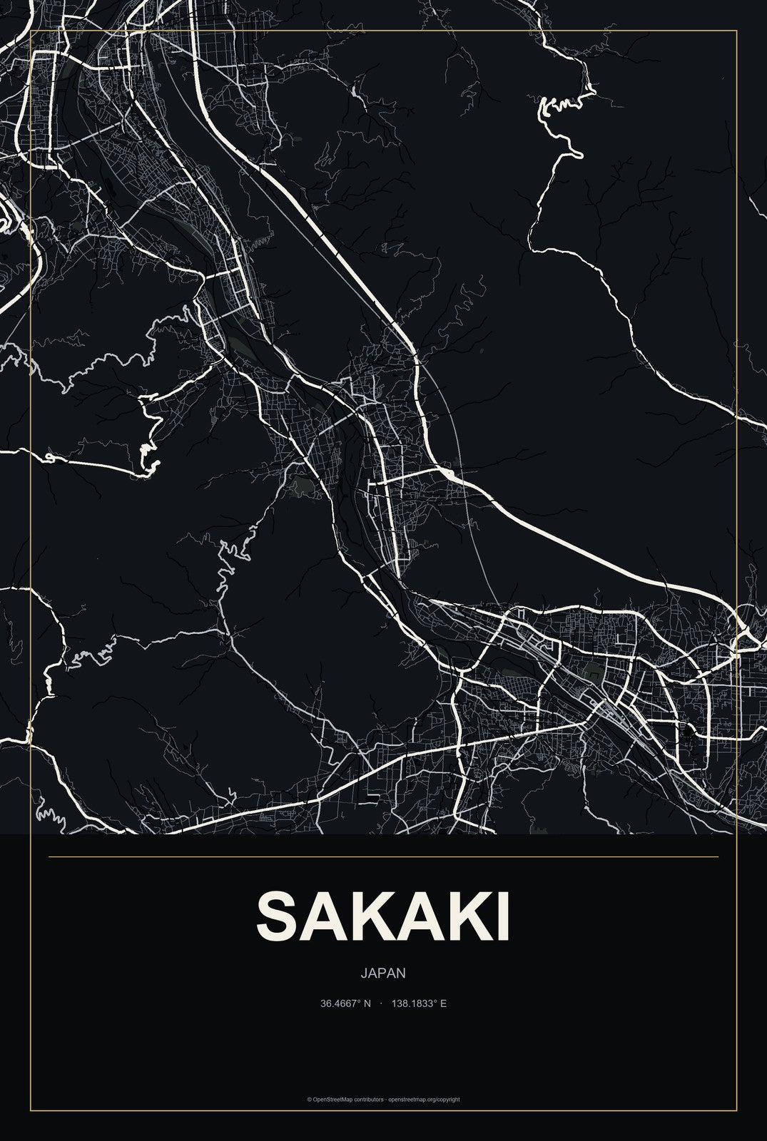 Sakaki, Japan City Map Aluminum Sign in Metropolitan Noir style
