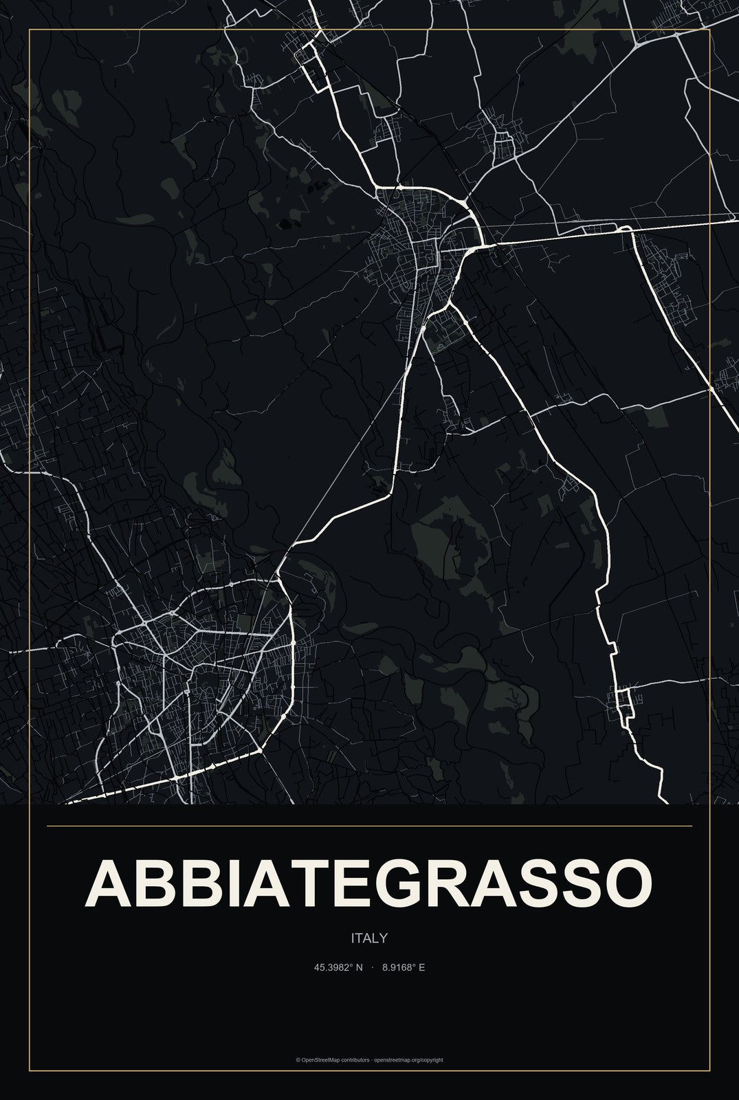 Abbiategrasso, Italy City Map Aluminum Sign in Metropolitan Noir style