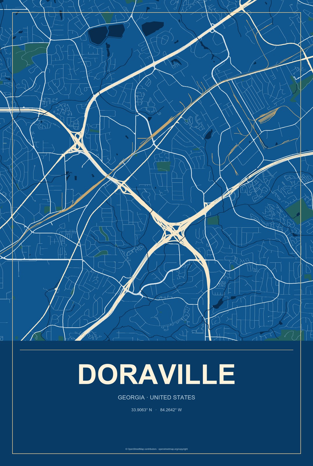 Doraville, Georgia City Map Aluminum Sign in Harbor Cobalt style