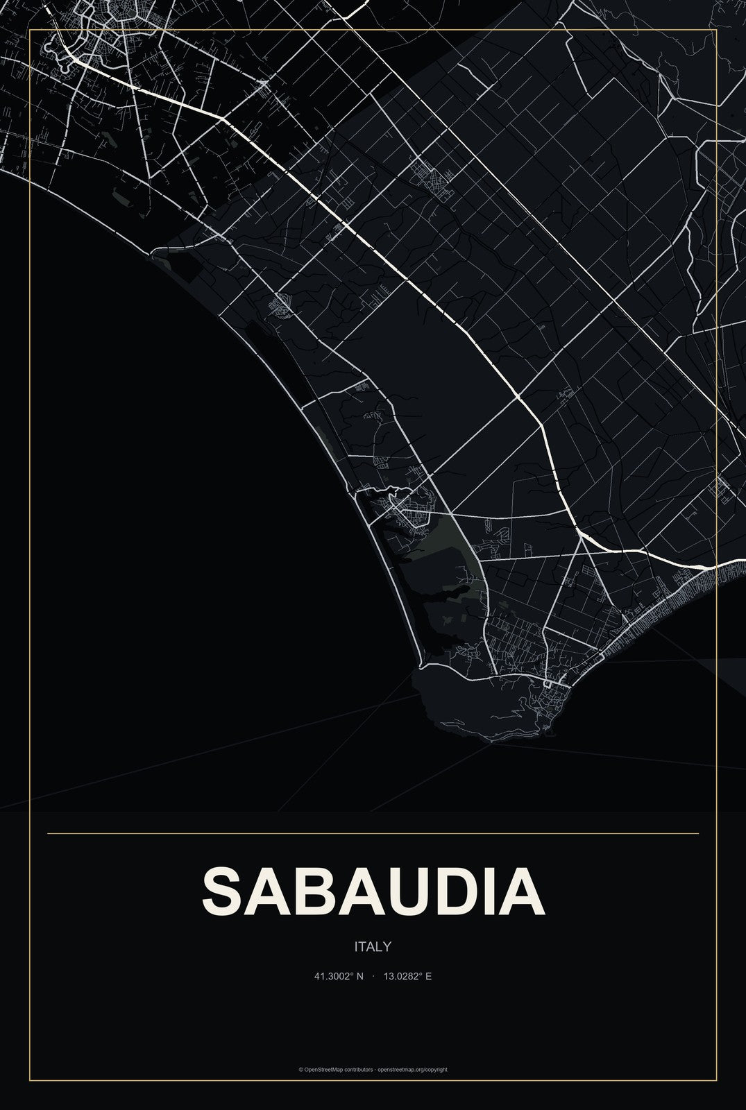 Sabaudia, Italy City Map Aluminum Sign in Metropolitan Noir style