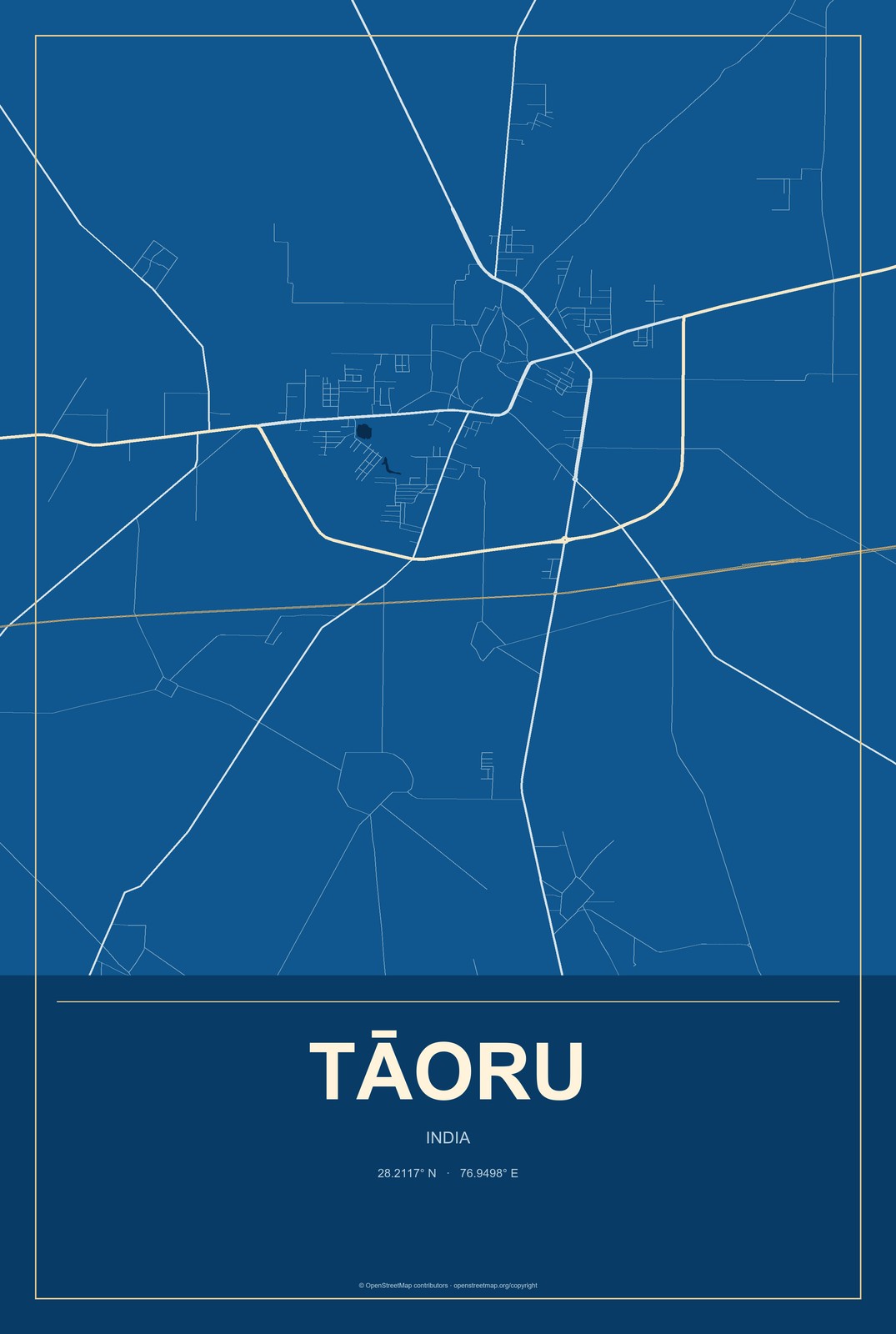 Tāoru, India City Map Aluminum Sign in Harbor Cobalt style