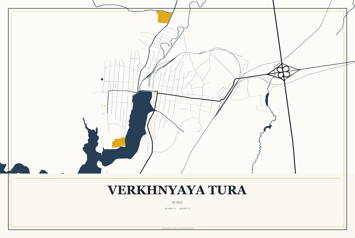 Verkhnyaya Tura, Russia City Map Aluminum Sign in Citrine Modern style