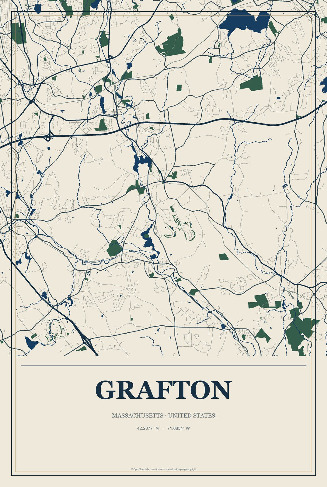 Grafton, Massachusetts City Map Aluminum Sign in Coastal Cutout style