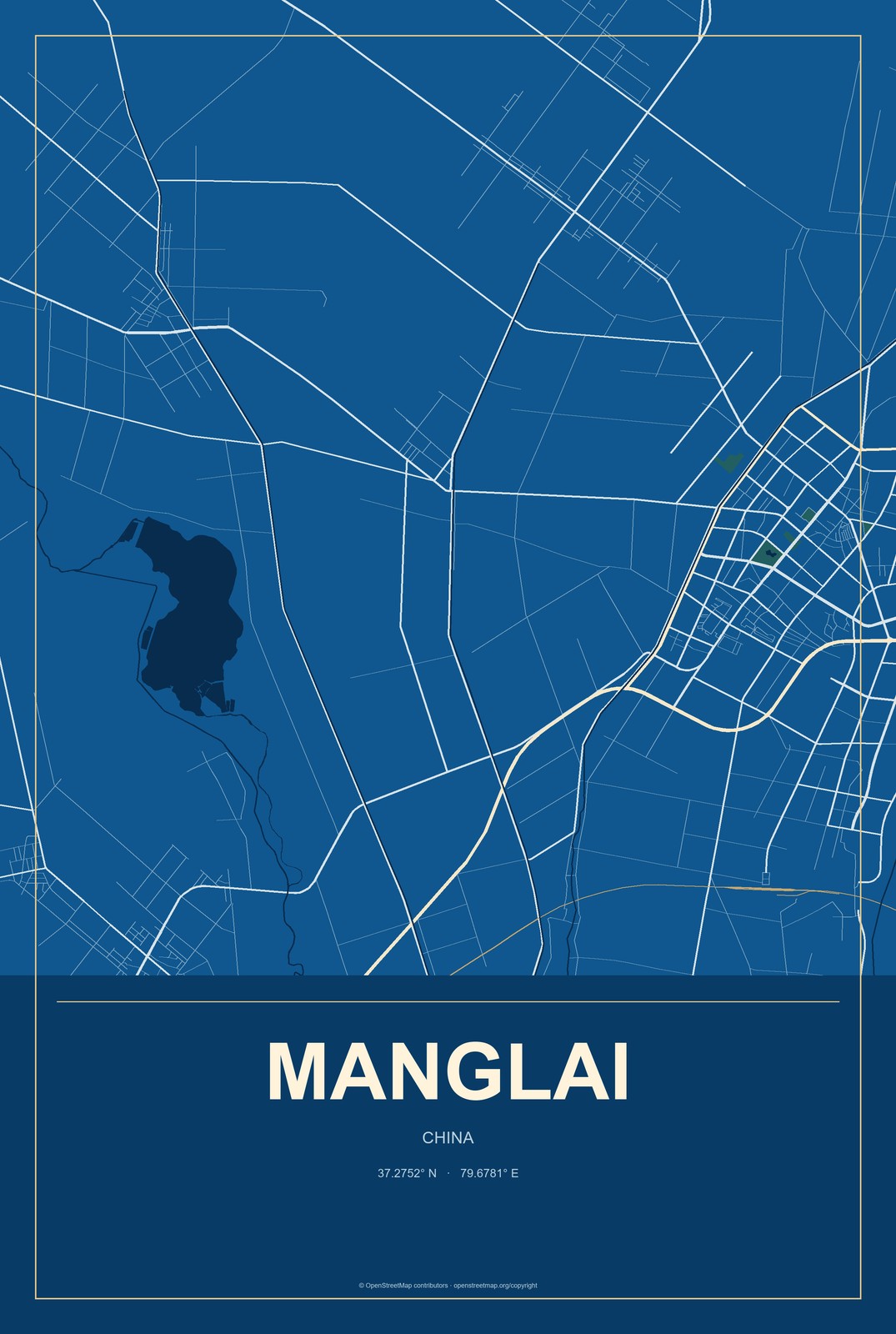 Manglai, China City Map Aluminum Sign in Harbor Cobalt style