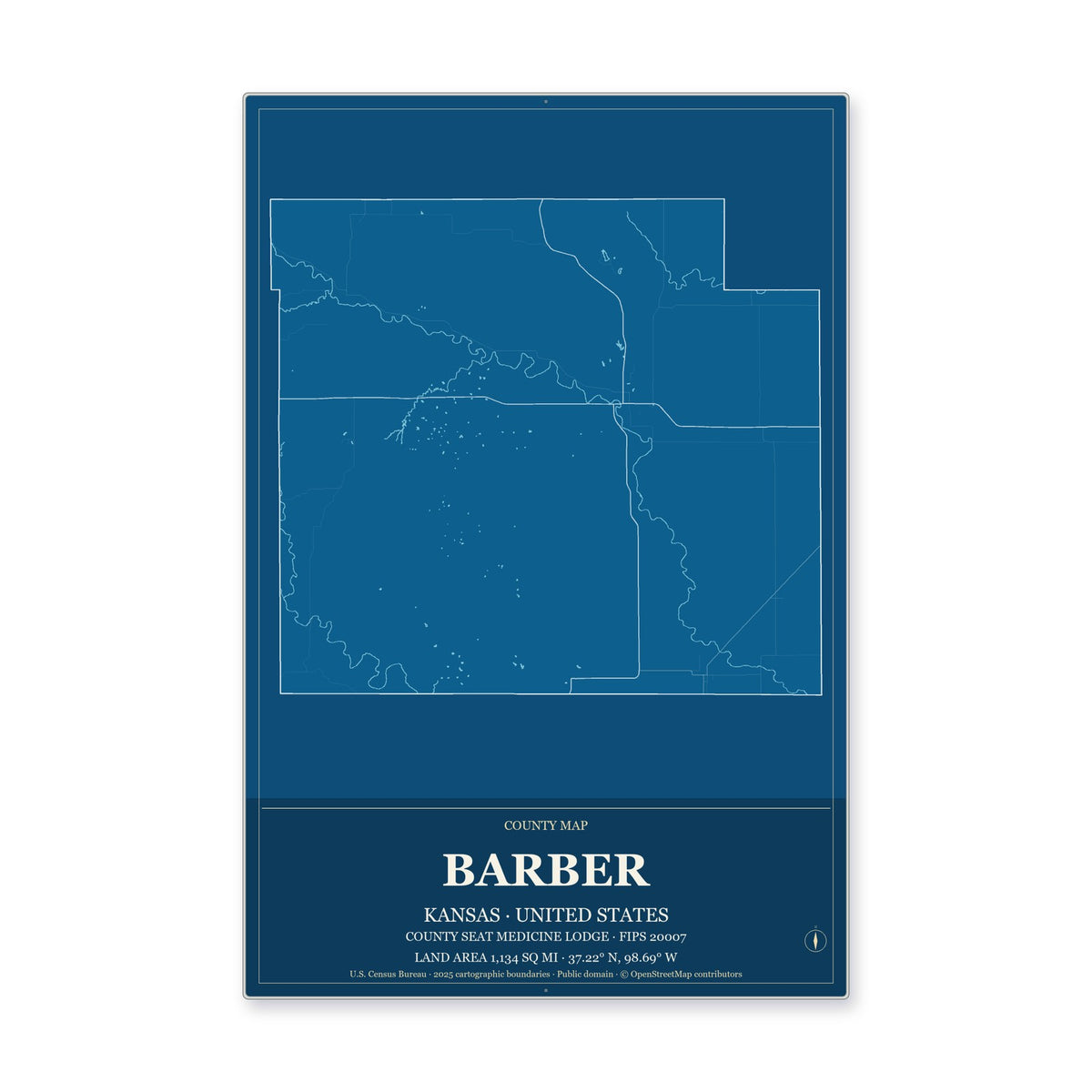 Barber County, Kansas Map Aluminum Sign in Harbor Cobalt style