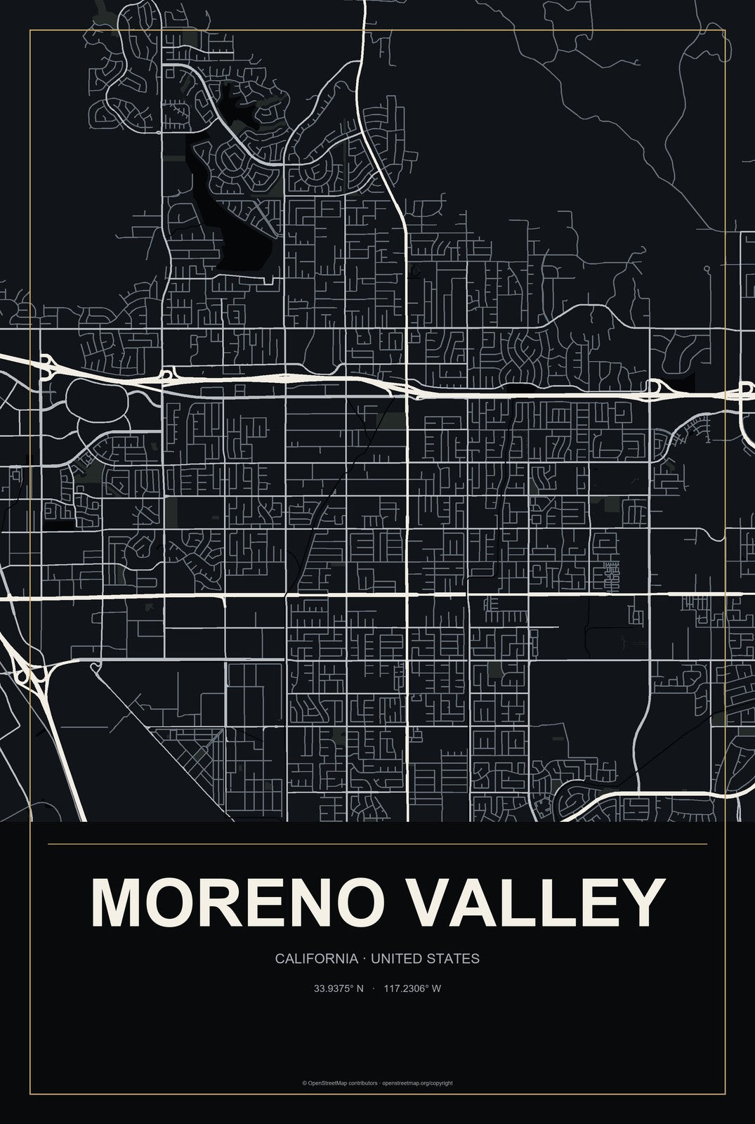 Moreno Valley, California City Map Aluminum Sign in Metropolitan Noir style