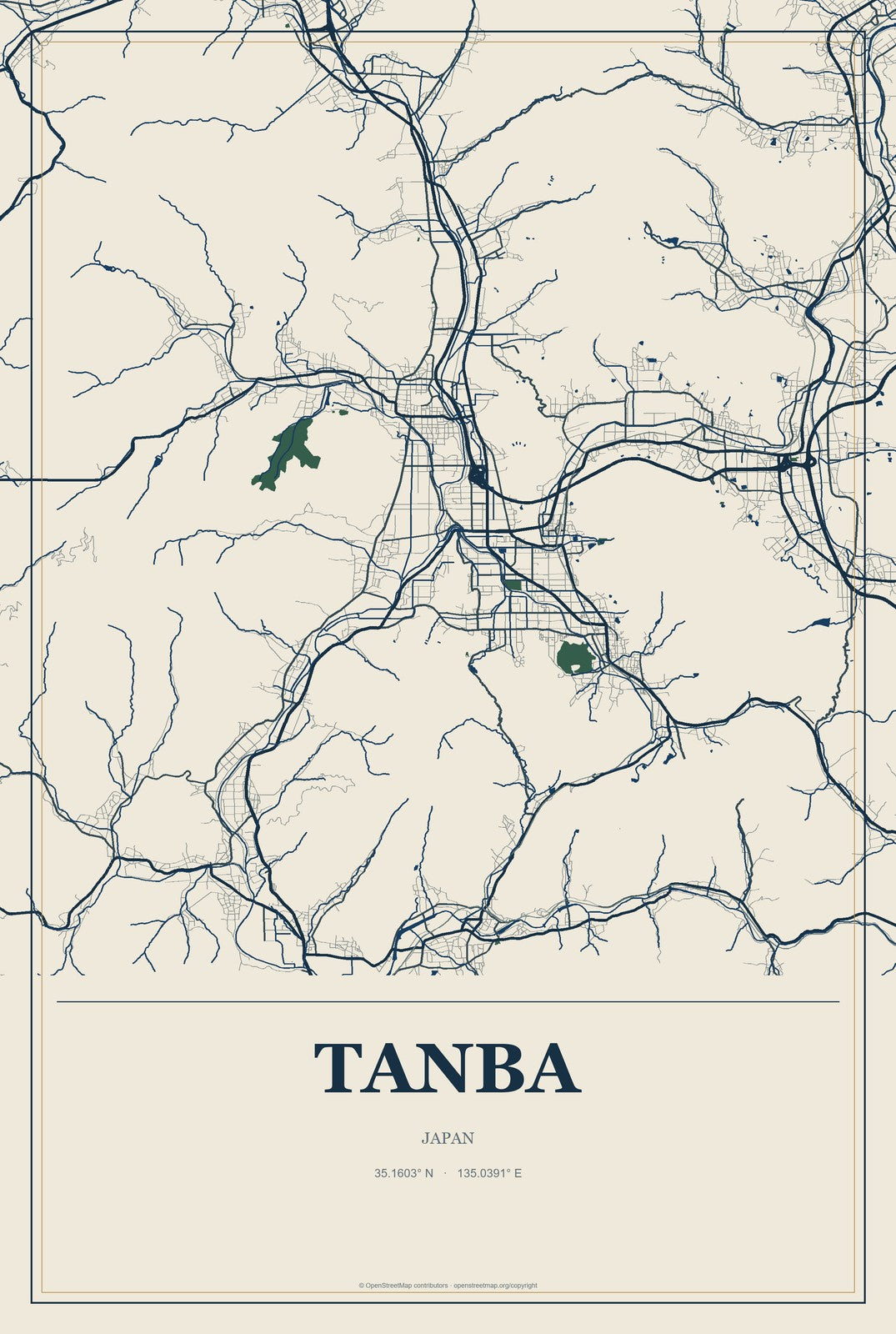 Tanba, Japan City Map Aluminum Sign in Coastal Cutout style