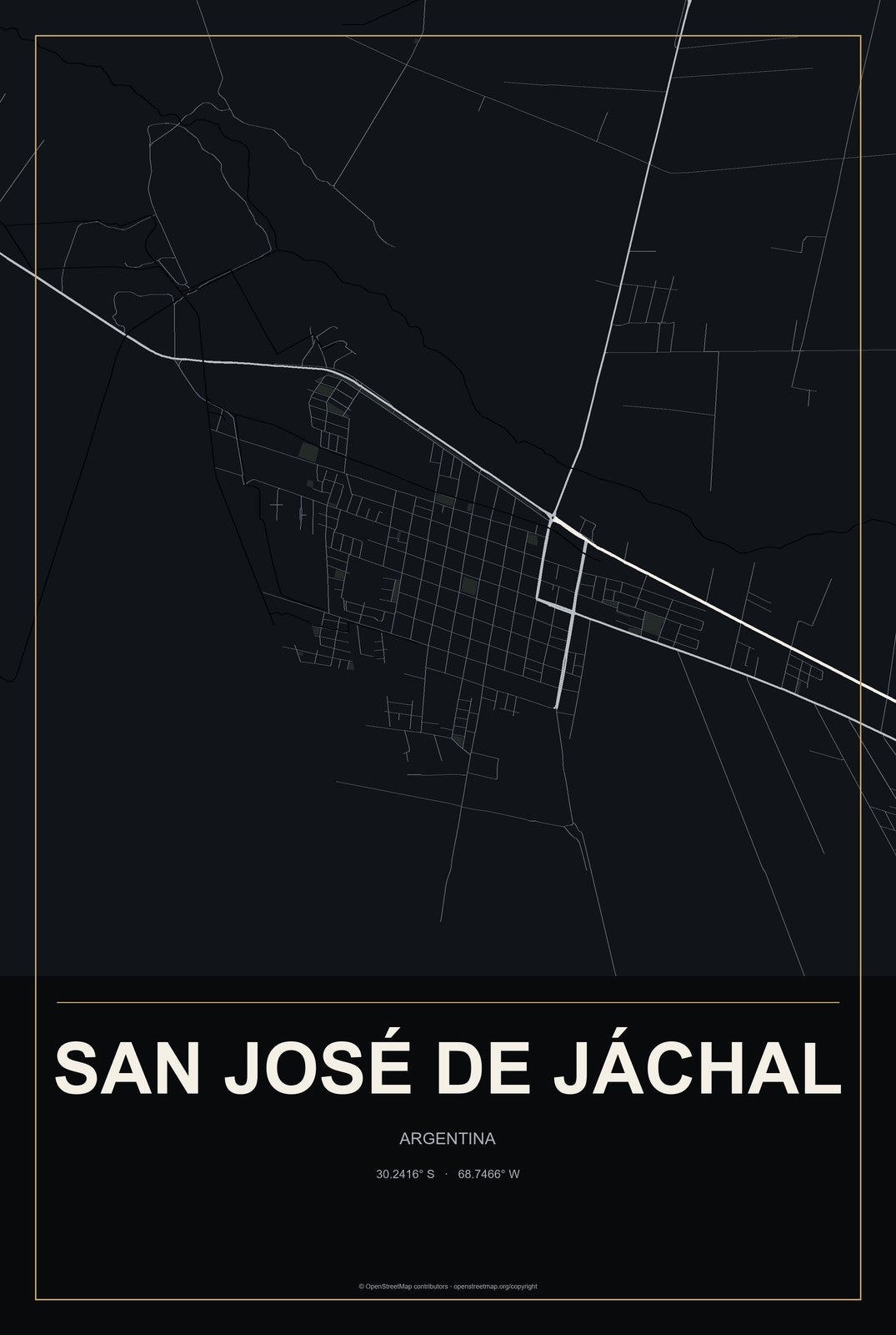 San José de Jáchal, Argentina City Map Aluminum Sign in Metropolitan Noir style