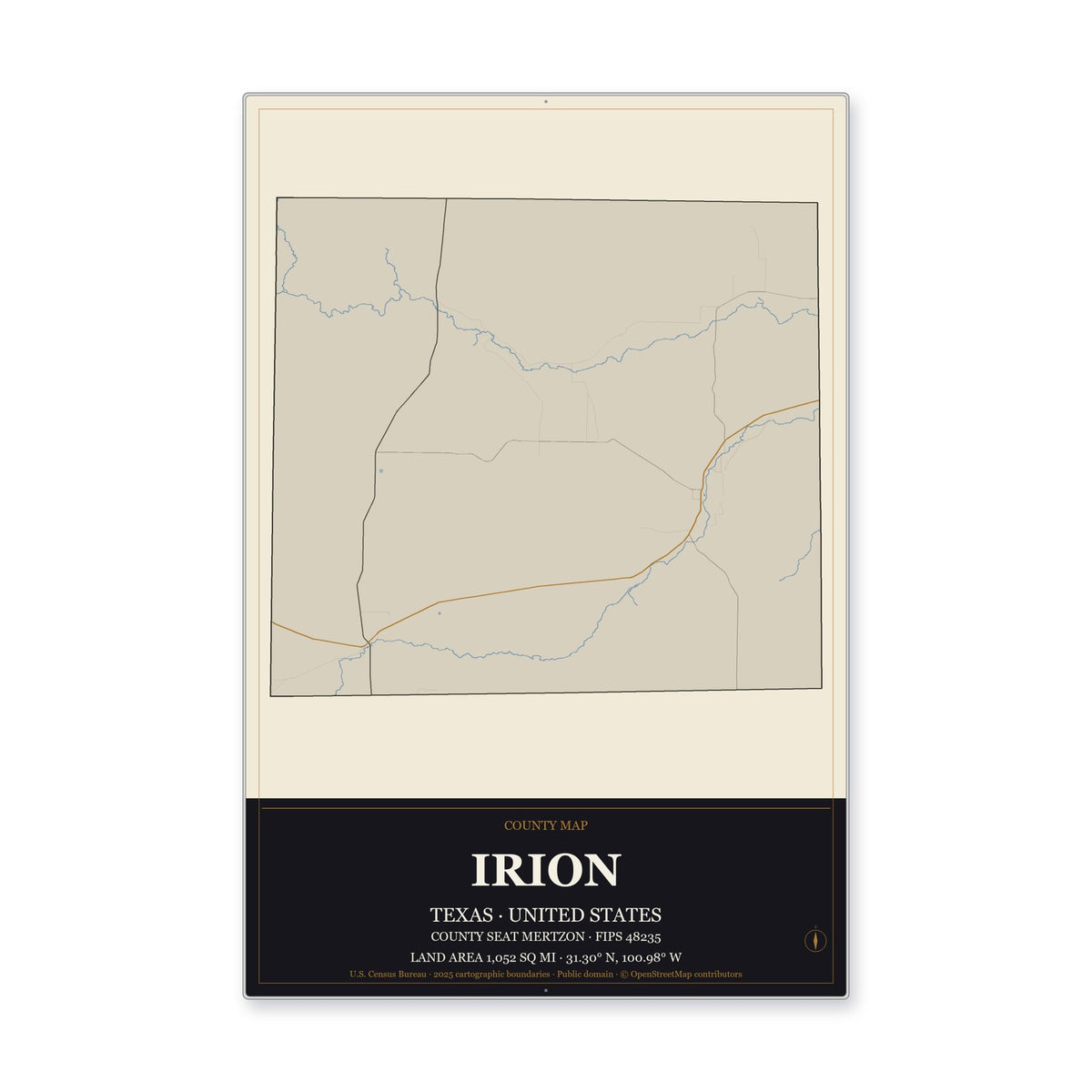 Irion County, Texas Map Aluminum Sign in Museum Plaque style