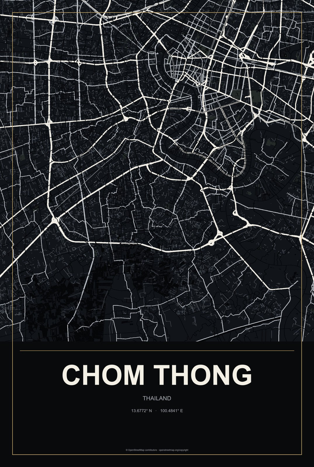 Chom Thong, Chiang Mai, Thailand City Map Aluminum Sign in Metropolitan Noir style