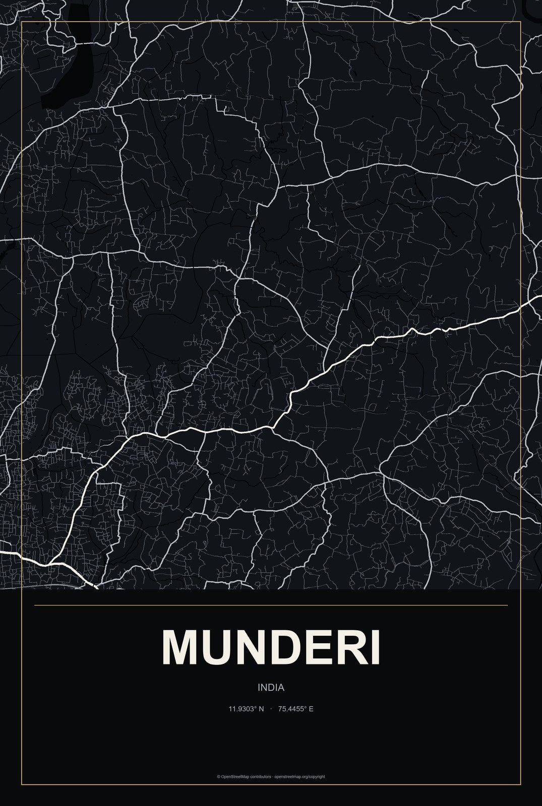 Munderi, India City Map Aluminum Sign in Metropolitan Noir style