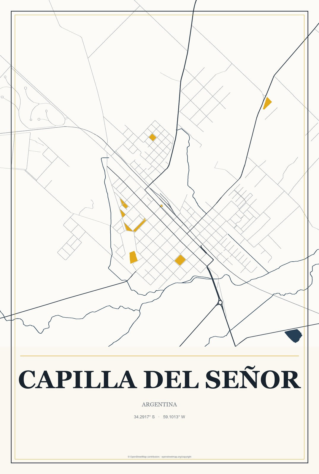 Capilla del Señor, Argentina City Map Aluminum Sign in Citrine Modern style